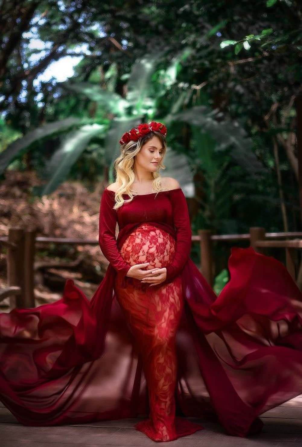 ZIUMUDY Women's Maternity Photoshoot Dress - Elegant Long Sleeve Off Shoulder Lace Gown with Flowy Chiffon Train Layer for Pregnancy Photo Shoots, Baby Showers & Special Occasions