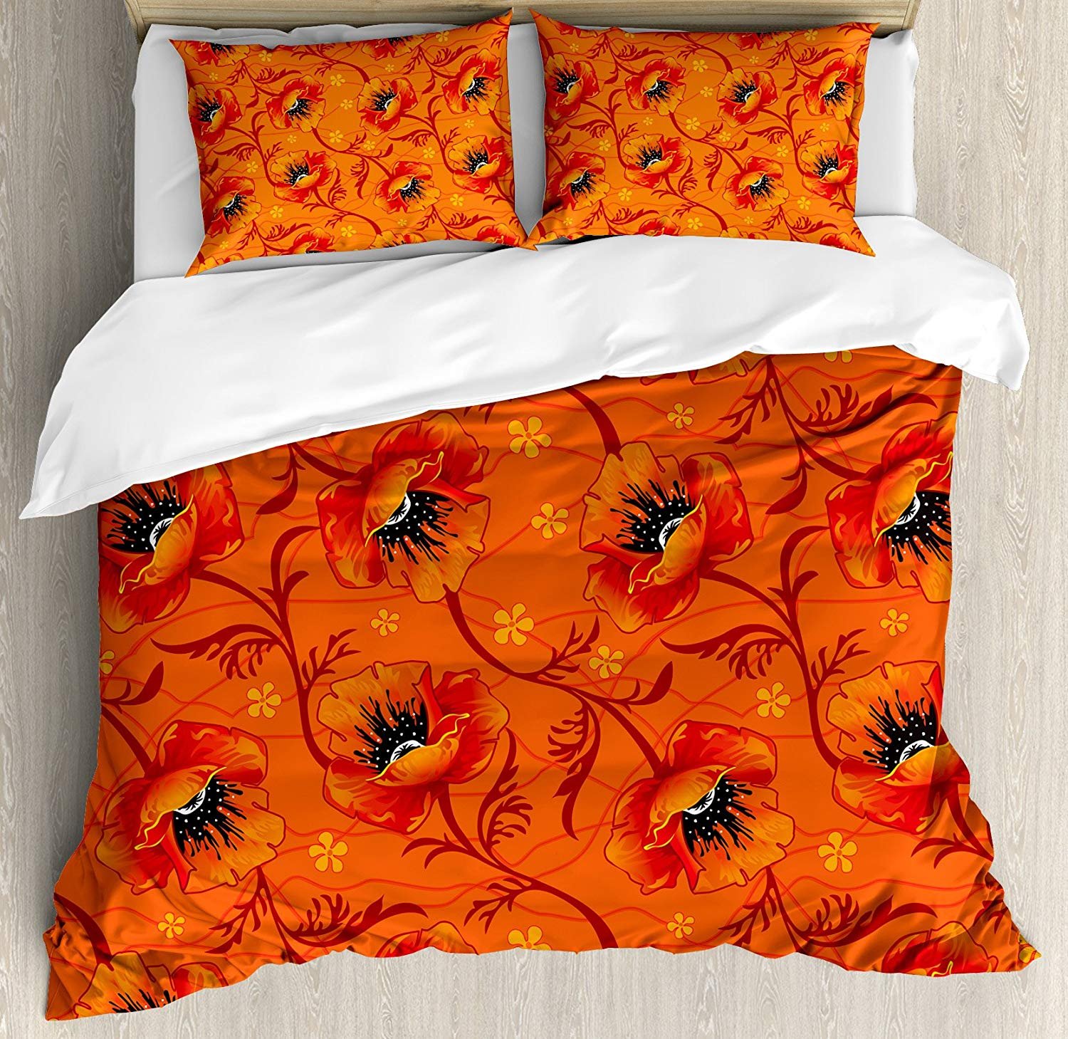 3-Piece Queen Size Burnt Orange Floral Bedding Set - Poppy Flower Series with Duvet Cover & 2 Pillow Shams | Boho Chic Decor for Romantic Bedroom, Guest Room & Dorm | Soft & Comfortable for All Seasons