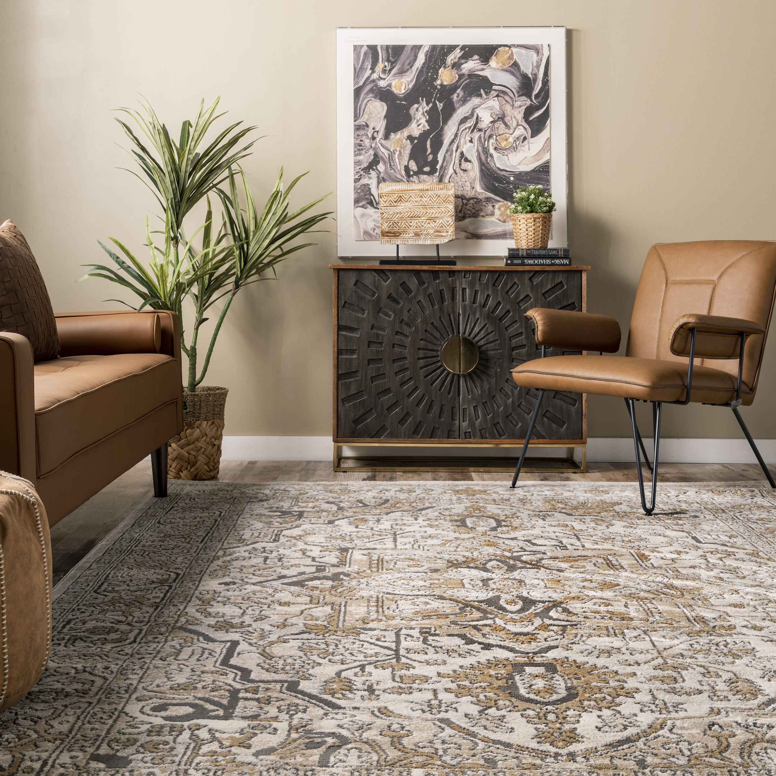 Elegant Beige Bordered Medallion Rug - Perfect for Living Room, Bedroom, or Office Decor
