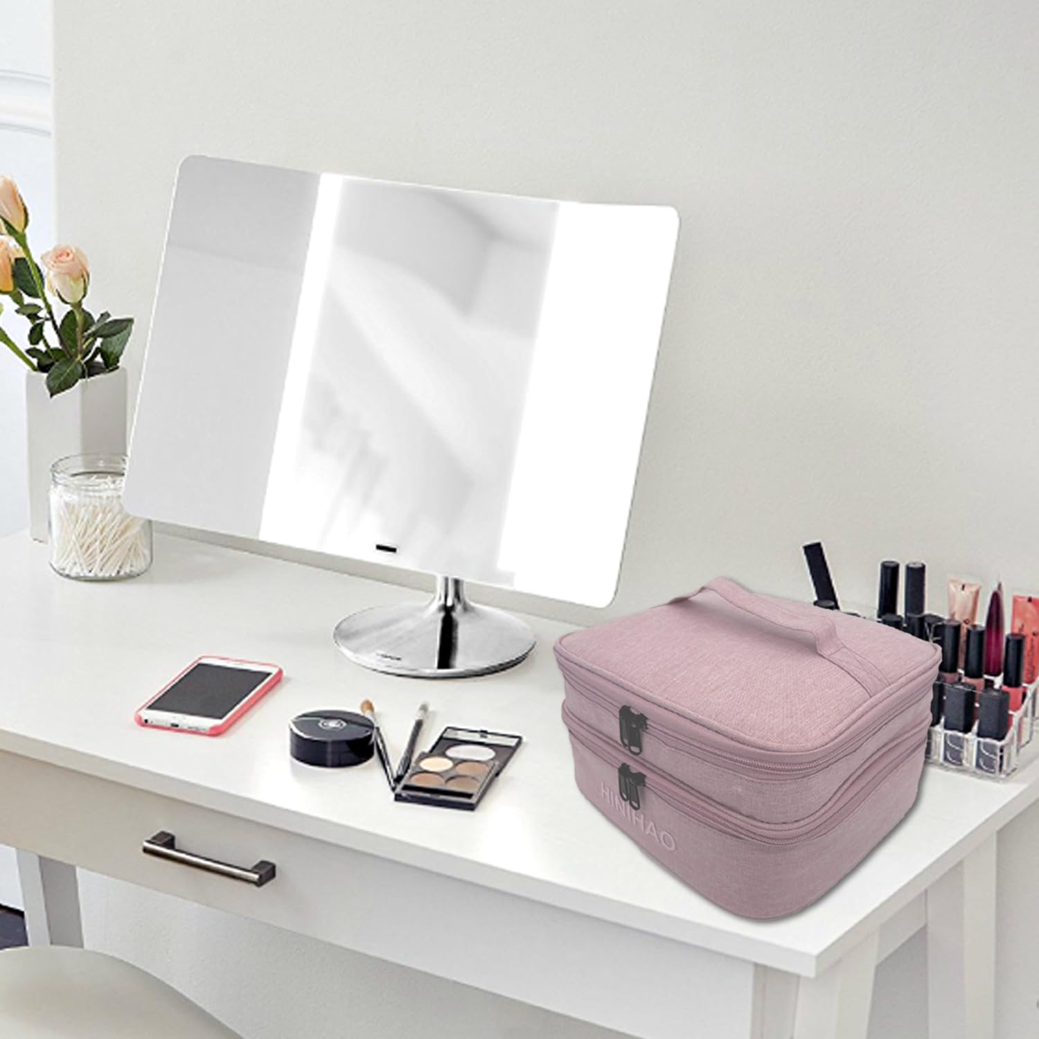 Portable Travel Makeup Bag with Handle & Adjustable Dividers - Double Layer Cosmetic Organizer with Brush Storage - Pink Small Makeup Pouch for Women | Perfect for Travel, Gym & Daily Beauty Essentials
