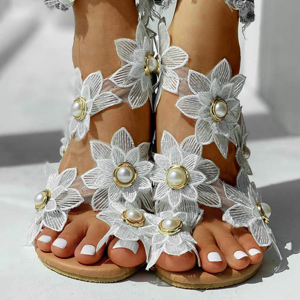 Women's Floral Pearl Flat Sandals - Comfortable Slip-On Summer Beach Shoes for Casual & Dressy Outfits - Breathable Ring Toe Sandals for Girls (White, Size 8) | Perfect for Vacations, Weddings & Beach Parties