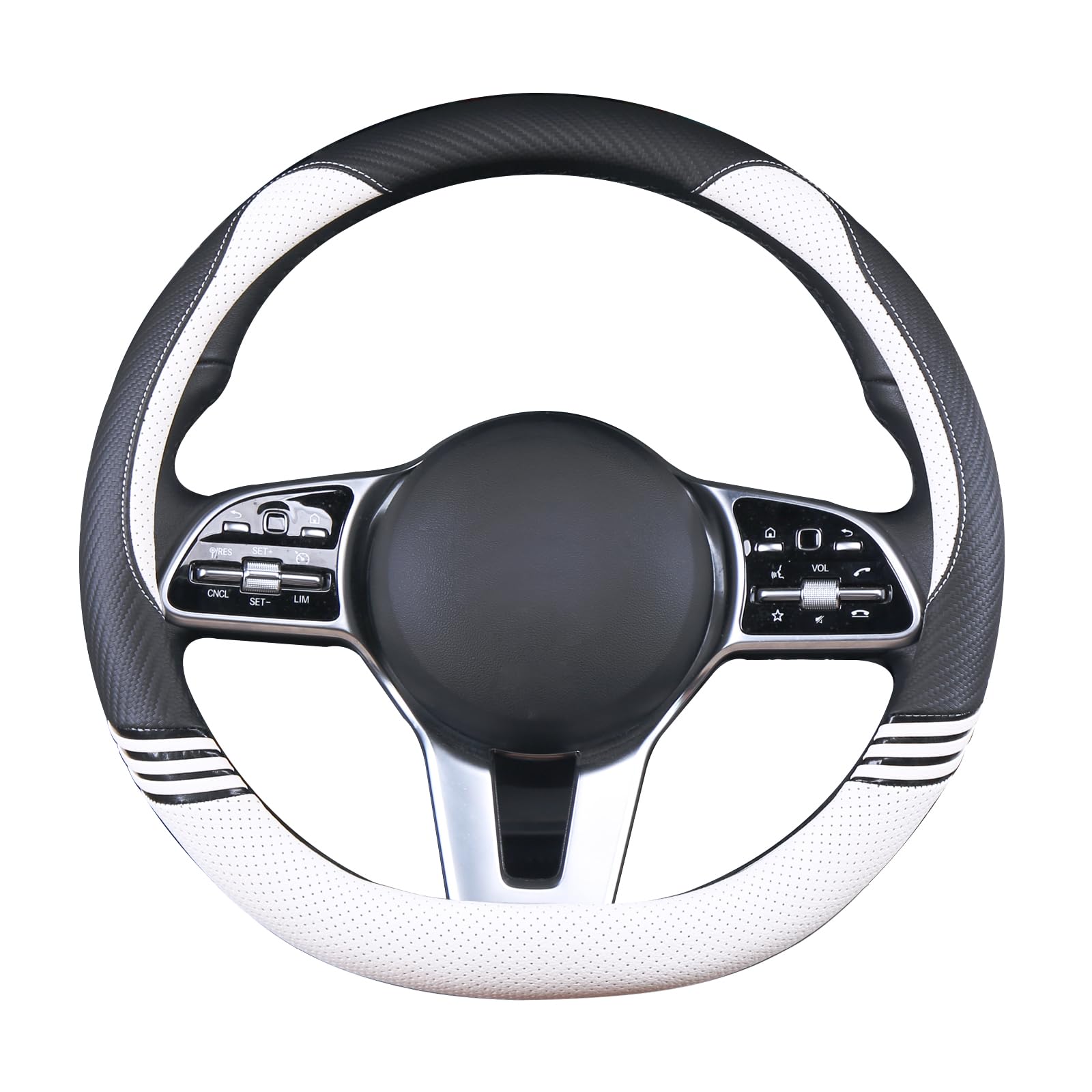 Breathable D-Shaped Steering Wheel Cover - Universal 15 Inch for Women & Men - Black & White Design - Perfect for Cars, Trucks & SUVs