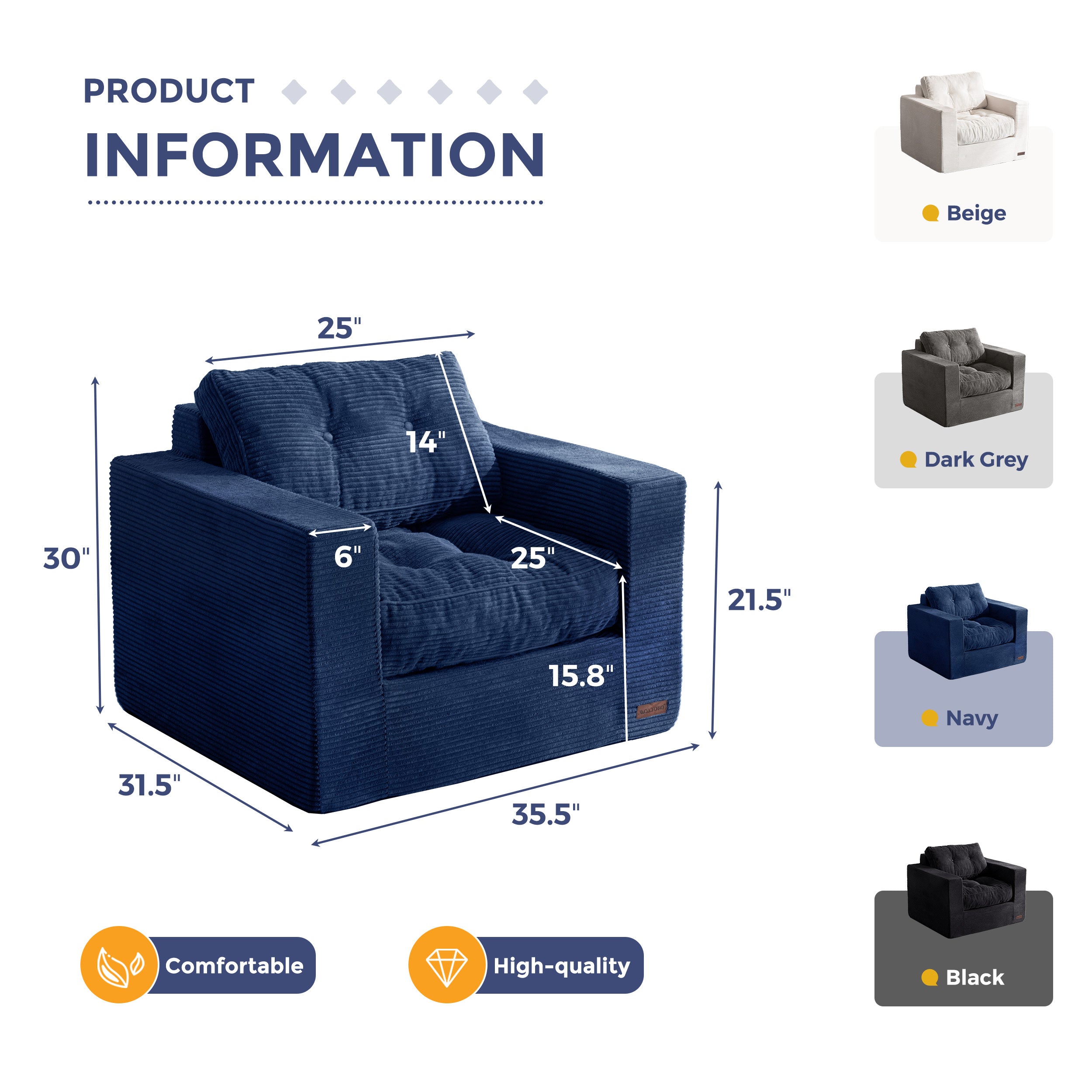 MAXYOYO Premium Bean Bag Chair for Adults - Soft Upholstered Floor Sofa with Armrests, Tufted Cushion & Backrest, Easy Assembly Sofa in A Box - Large Comfortable Bean Bag Couch for Bedroom, Living Room, Dorm, Office & Game Room - Navy Blue