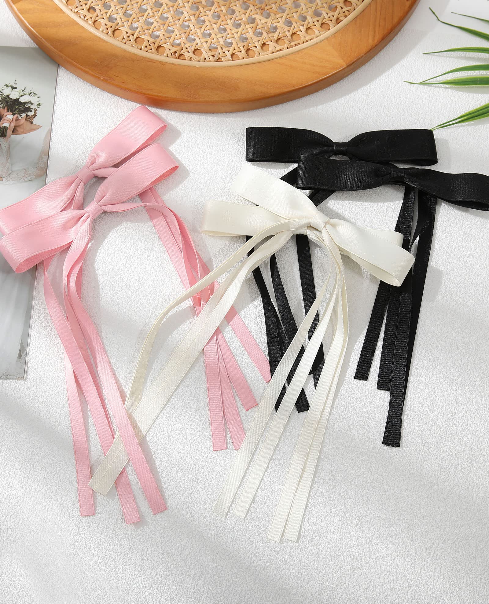 AWAYTR Silky Satin Hair Bow Clips - 3 Pack (Pink, Beige, Black) | Long Tail Hair Accessories for Women & Girls | Perfect for Weddings, Parties & Everyday Styling