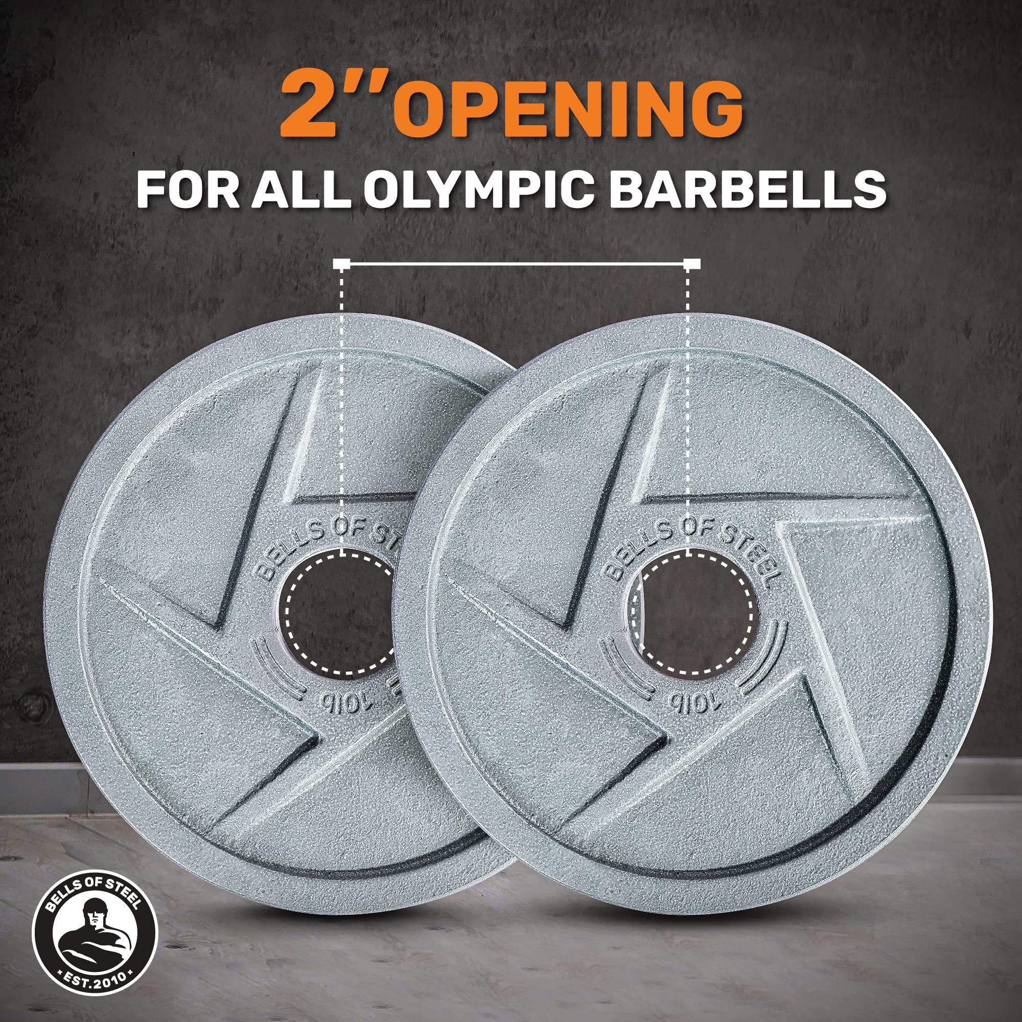 Bells of Steel Mighty Grip Cast Iron Olympic Weight Plates - 2 Inch Semi-Gloss Hammertone Powder Coated Barbell Weights (Pair or Set) for Home Gym, Strength Training & CrossFit Workouts