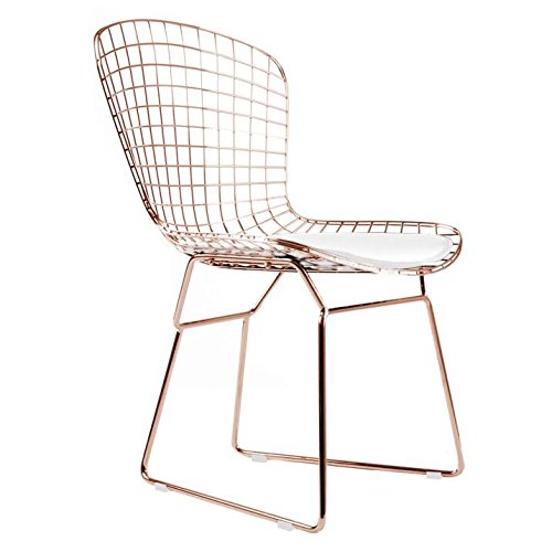 Bertoia Style Side Chair - Rose Gold Finish with White Cushion | Modern Dining, Living Room, Office, or Cafe Seating
