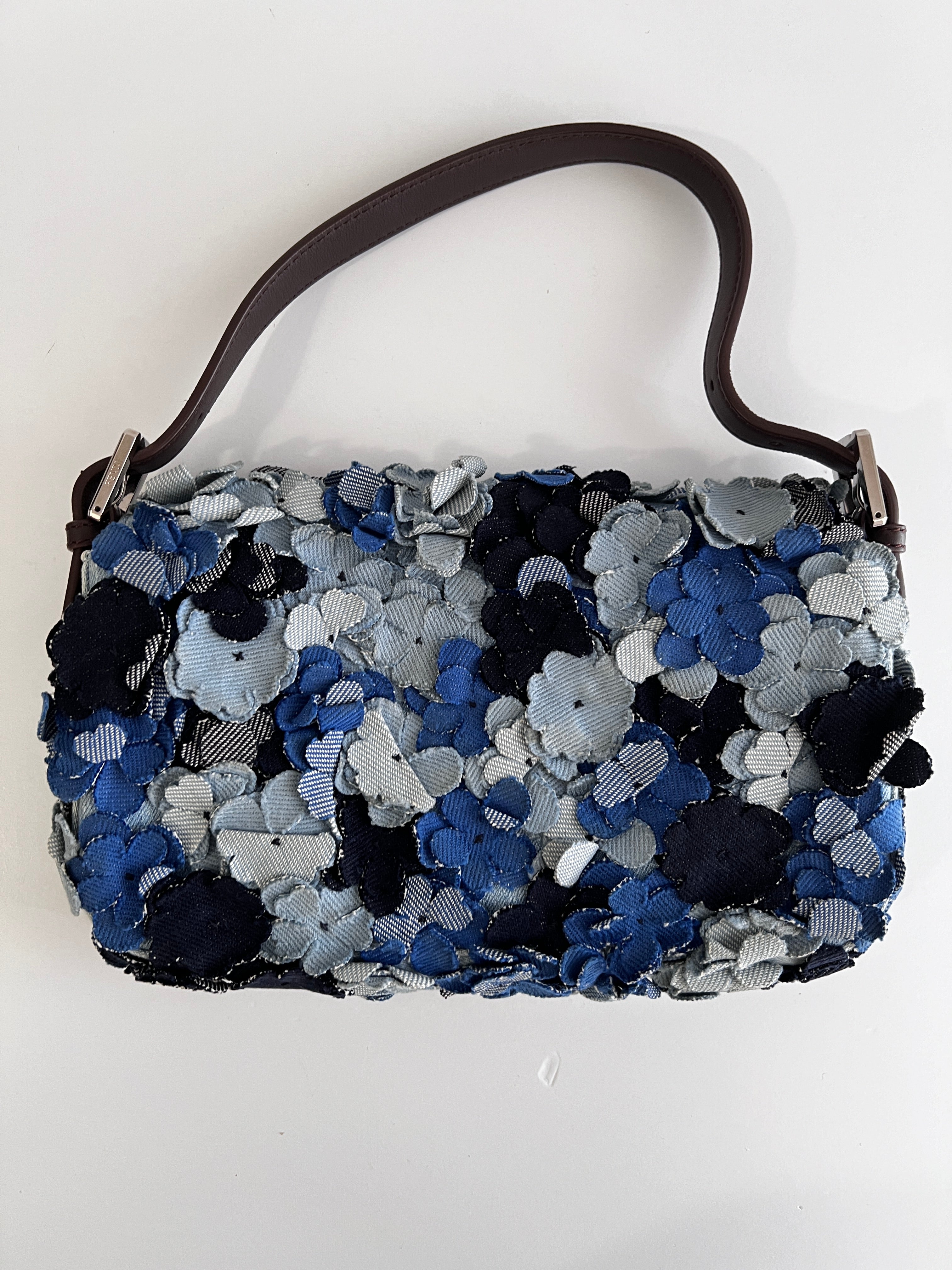 Fendi 3D Floral Embroidered Denim Baguette Bag - Stylish Crossbody Purse for Women, Perfect for Date Night & Special Occasions