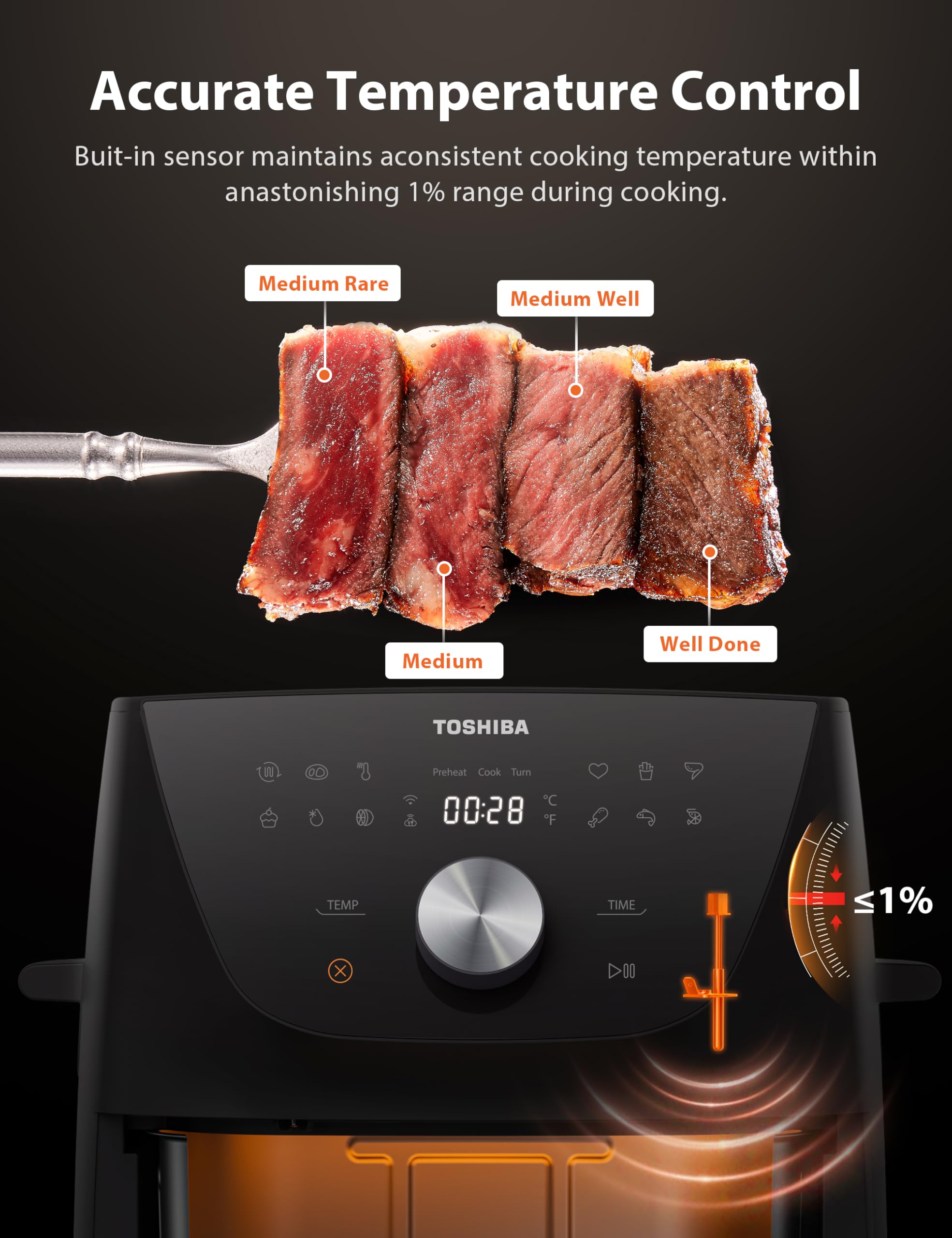 Toshiba 5.5QT Air Fryer with Heat-Q Technology - 8 Preset Menus, Menu-IQ Function & 1°F Precision for Healthier 90% Less Oil Cooking | Perfect for Quick Family Meals, Snacks & Healthy Lifestyle | Double-Sided Handles for Easy Handling