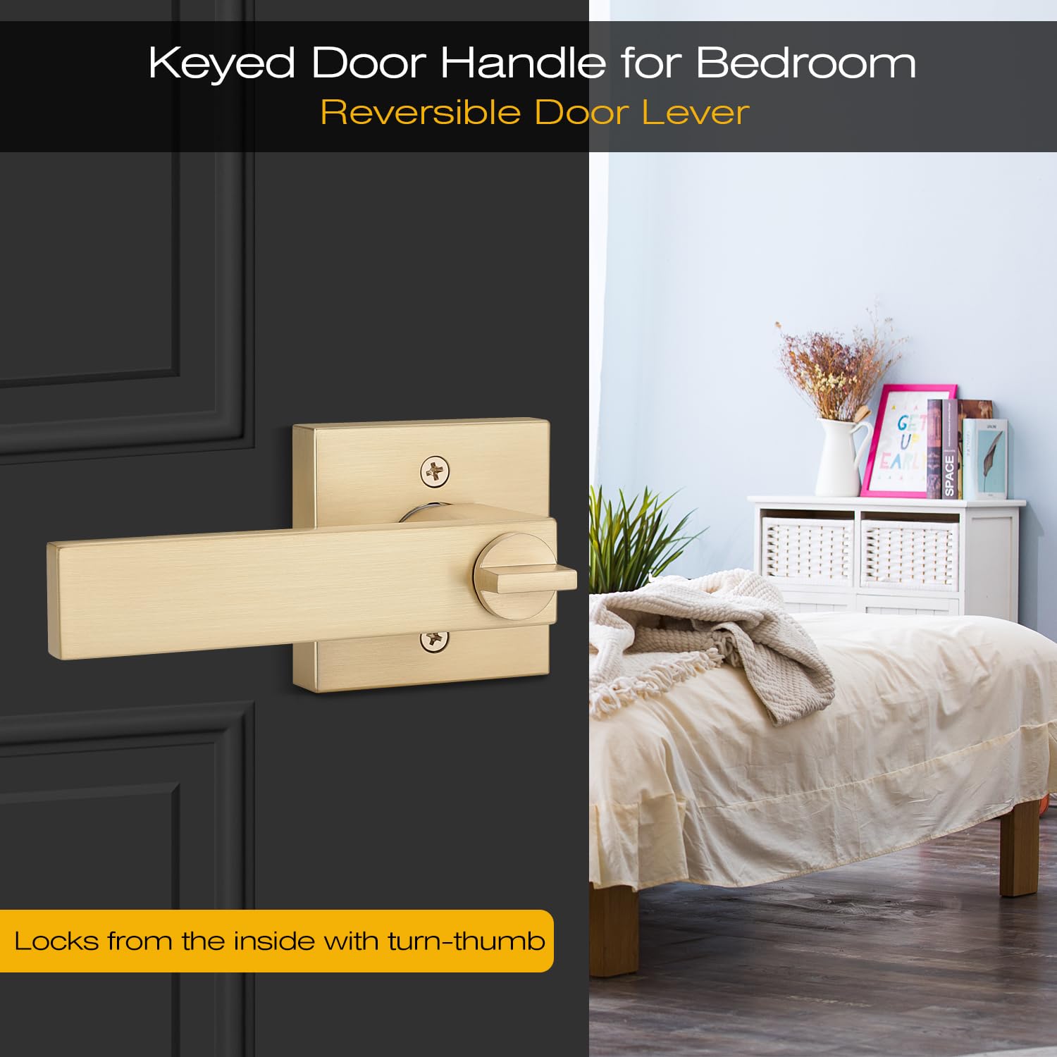 EHOMEWARE 4 Pack Keyed Alike Entry Door Handles with Lock - Gold Door Lever Set for Indoor & Outdoor Use - Bedroom, Bathroom & Exterior Doors - Includes Keys for Home Security & Convenience