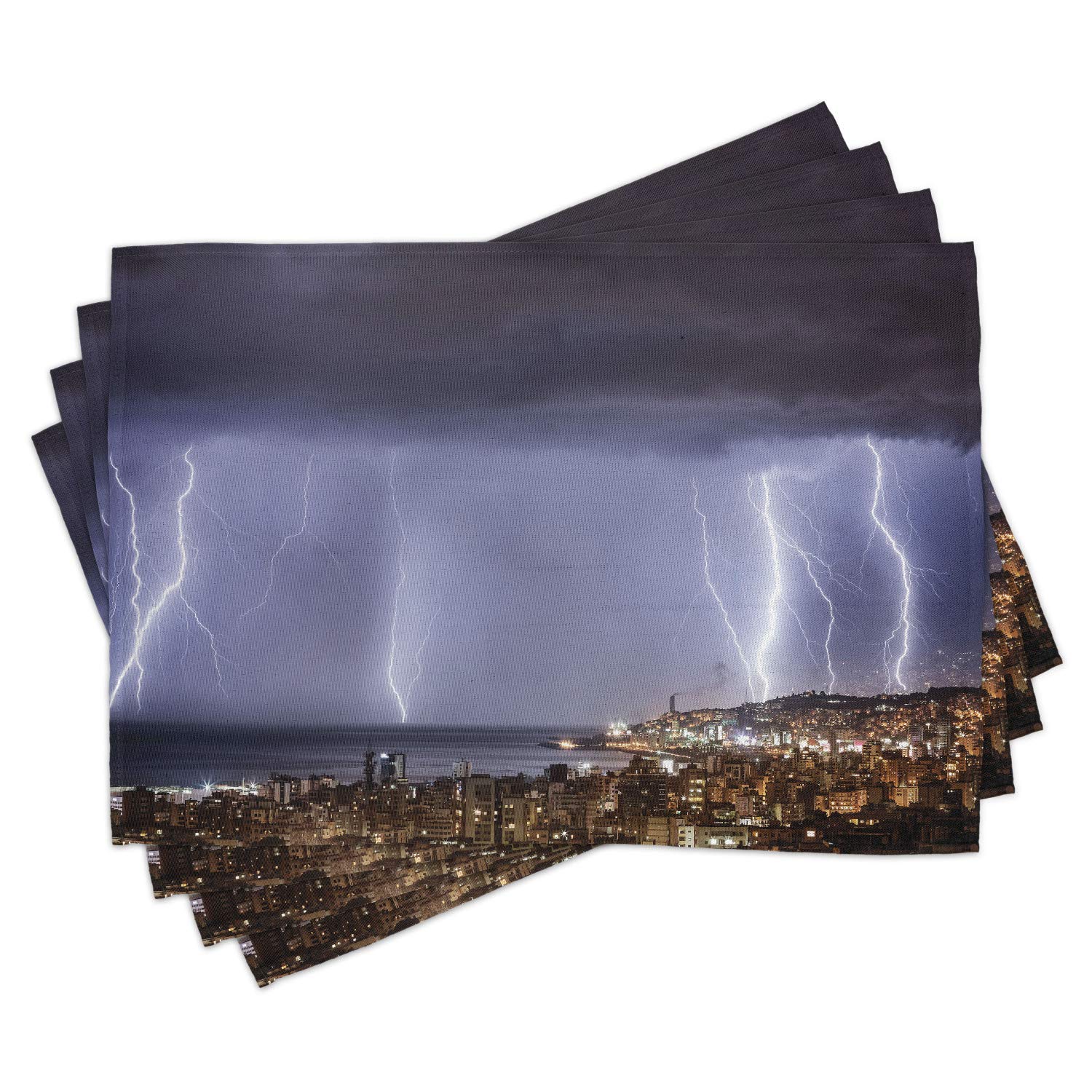Ambesonne 4-Piece Nature Placemats Set - Majestic Coastal Town View with Dark Stormy Night & Giant Rain Cloud Design - Washable Fabric Table Mats for Dining Room & Kitchen Decor - Perfect for Dinner Parties, Holiday Gatherings & Everyday Use