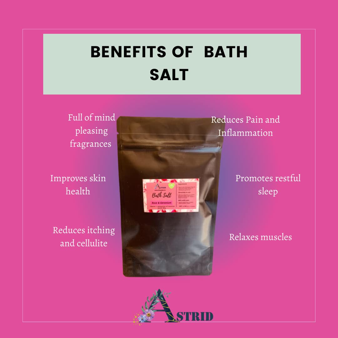 Astrid Rose & Geranium Bath Salt – 100g Natural Relaxation Bath Soak for Stress Relief, Foot Spa, Aromatherapy | Paraben & Sulfate-Free | Perfect for Self-Care, Gift Sets & Luxury Bath Time