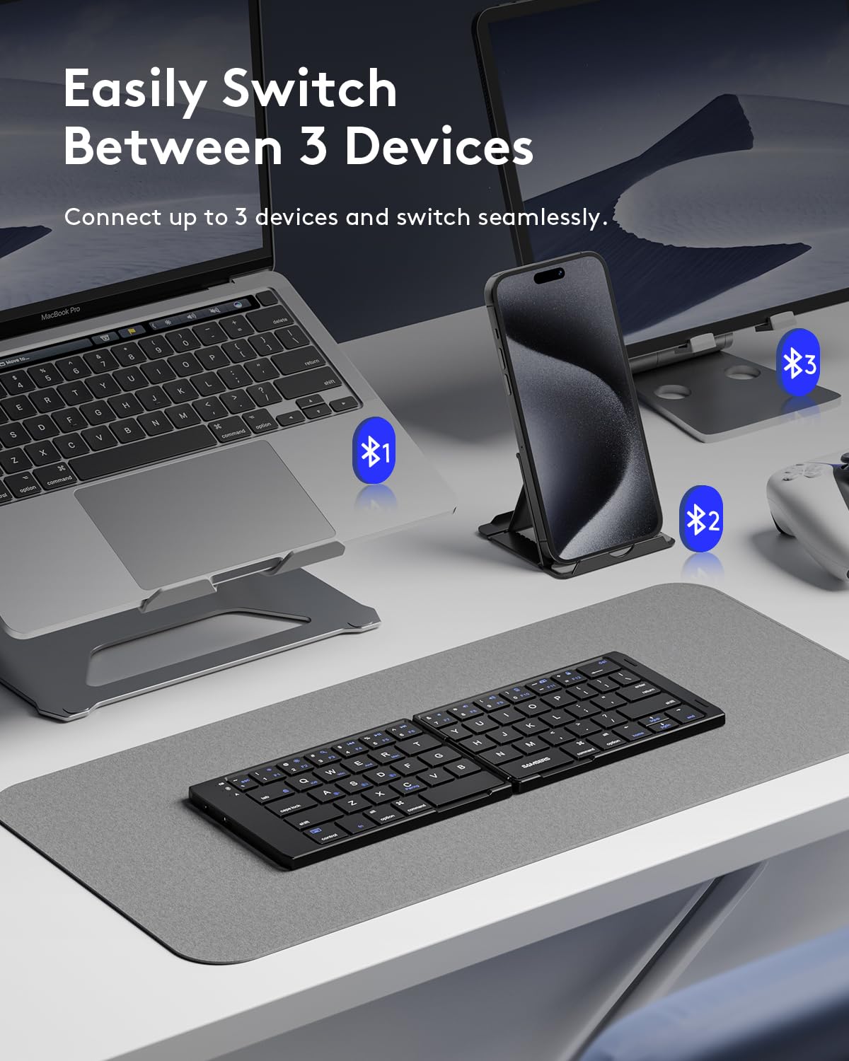 Foldable Bluetooth Keyboard - Portable Wireless Rechargeable Keyboard for iPad, iPhone, MacBook, Android & Windows | Supports 3 Devices Simultaneously | Perfect for Travel, Office & Home Use | Black