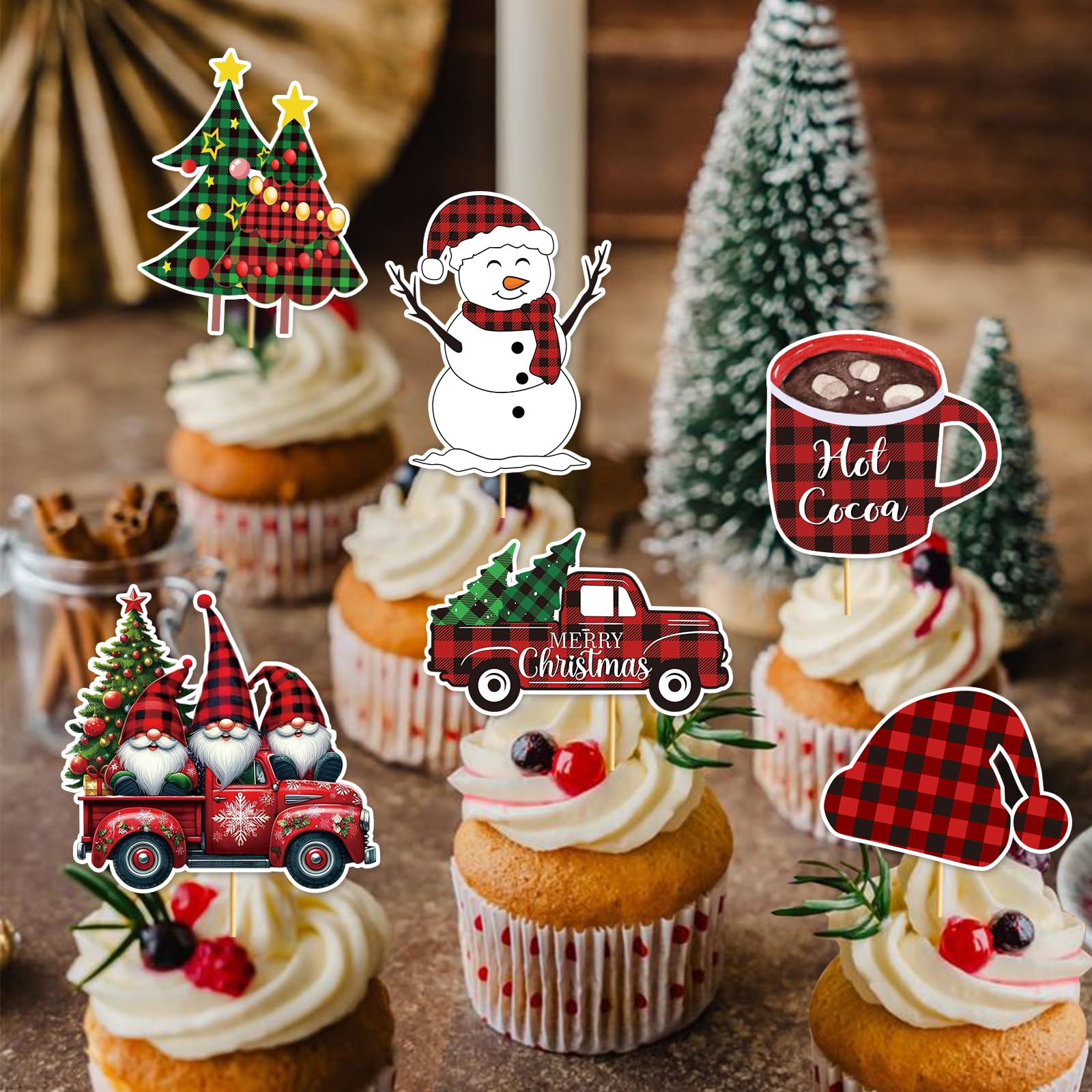 28Pcs Christmas Cupcake Toppers - Buffalo Plaid Holiday Party Decorations for Christmas, Birthday & Winter Celebrations | Perfect for Cupcakes, Cakes, Desserts & Festive Table Settings