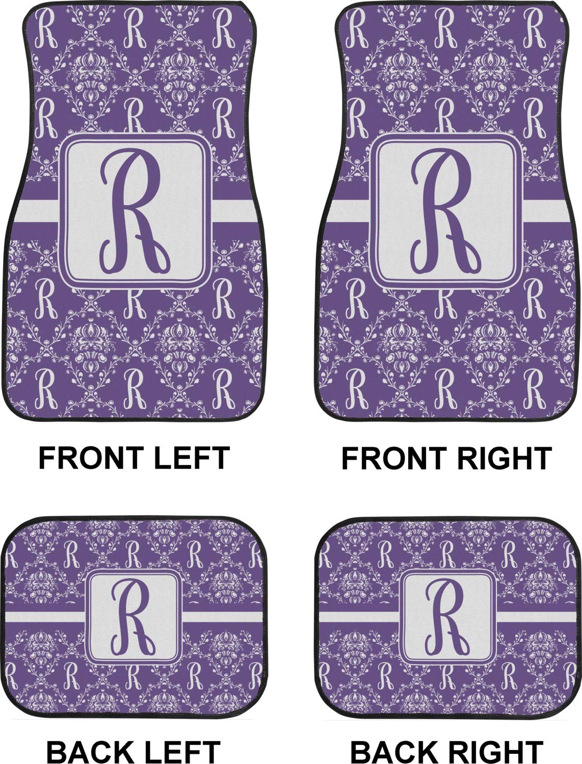 Custom Monogrammed Damask Car Floor Mats Set - 2 Front & 2 Rear Mats for Luxury Vehicles | Perfect for Gifts, Weddings & Premium Car Interiors