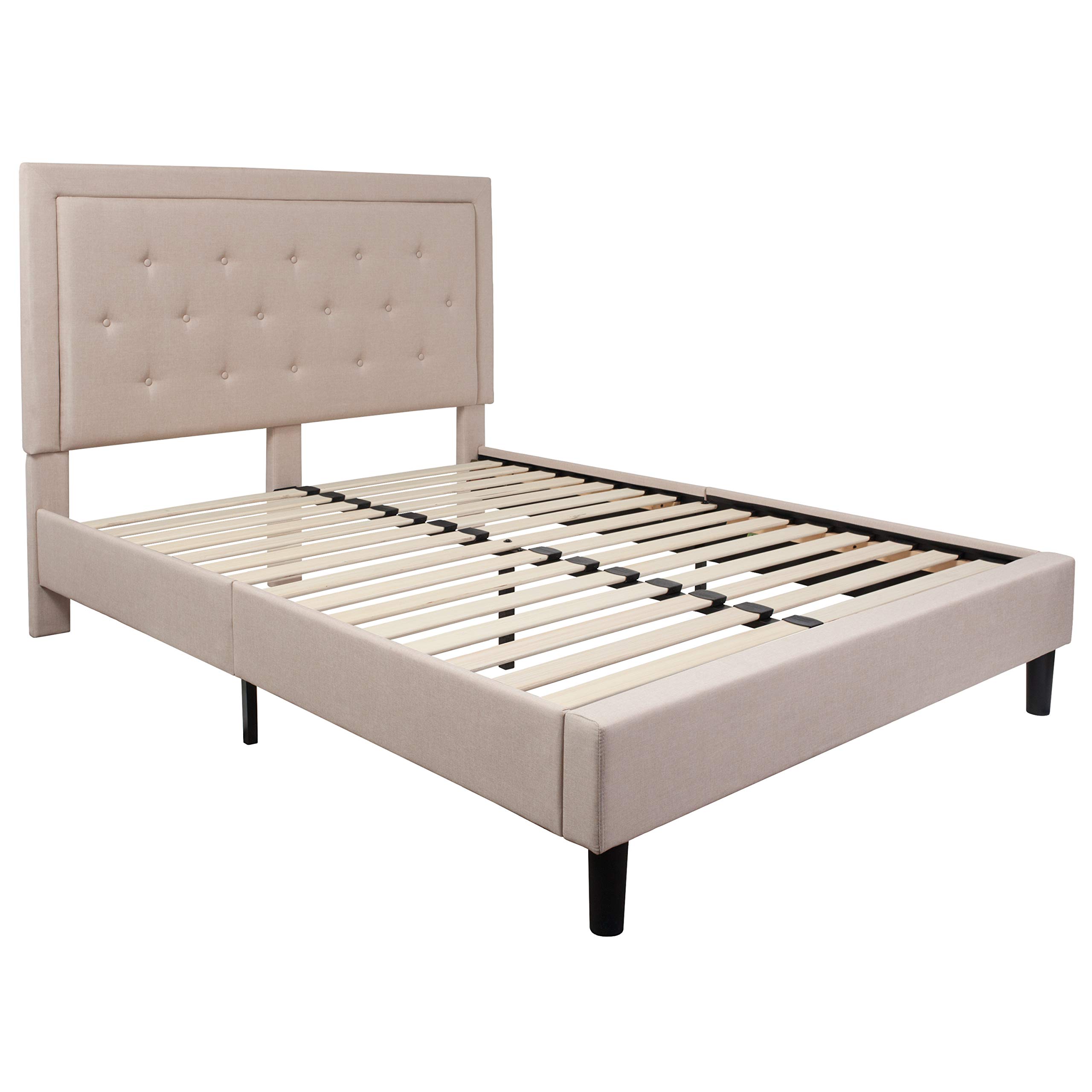 Flash Furniture Roxbury Queen Size Tufted Upholstered Platform Bed in Beige Fabric - Modern Bedroom Furniture for Cozy Home Decor & Small Space Living