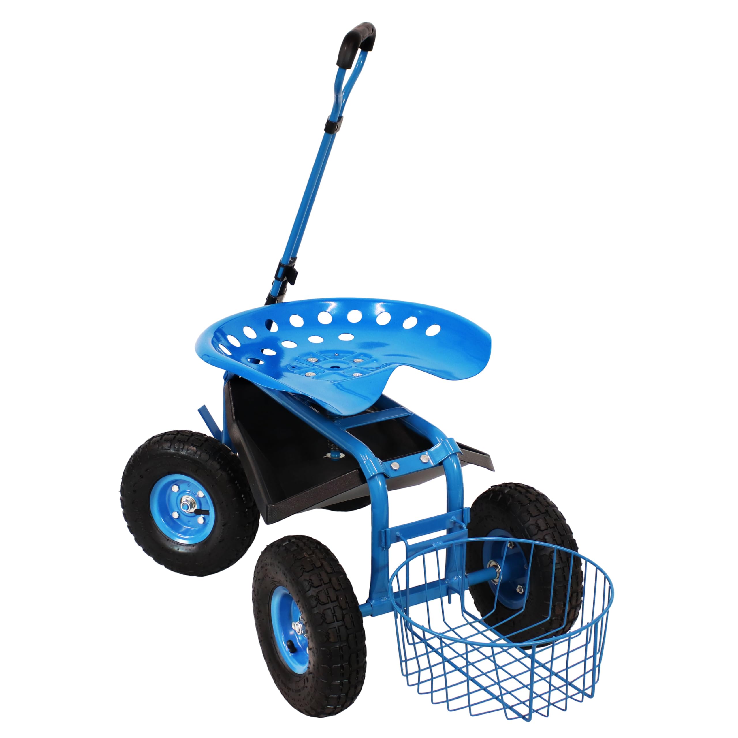 Sunnydaze Rolling Garden Stool with Wheels - Extendable Steer Handle, Swivel Seat & Utility Tool Tray - Blue Outdoor Gardening Seat for Planting, Weeding & Yard Work