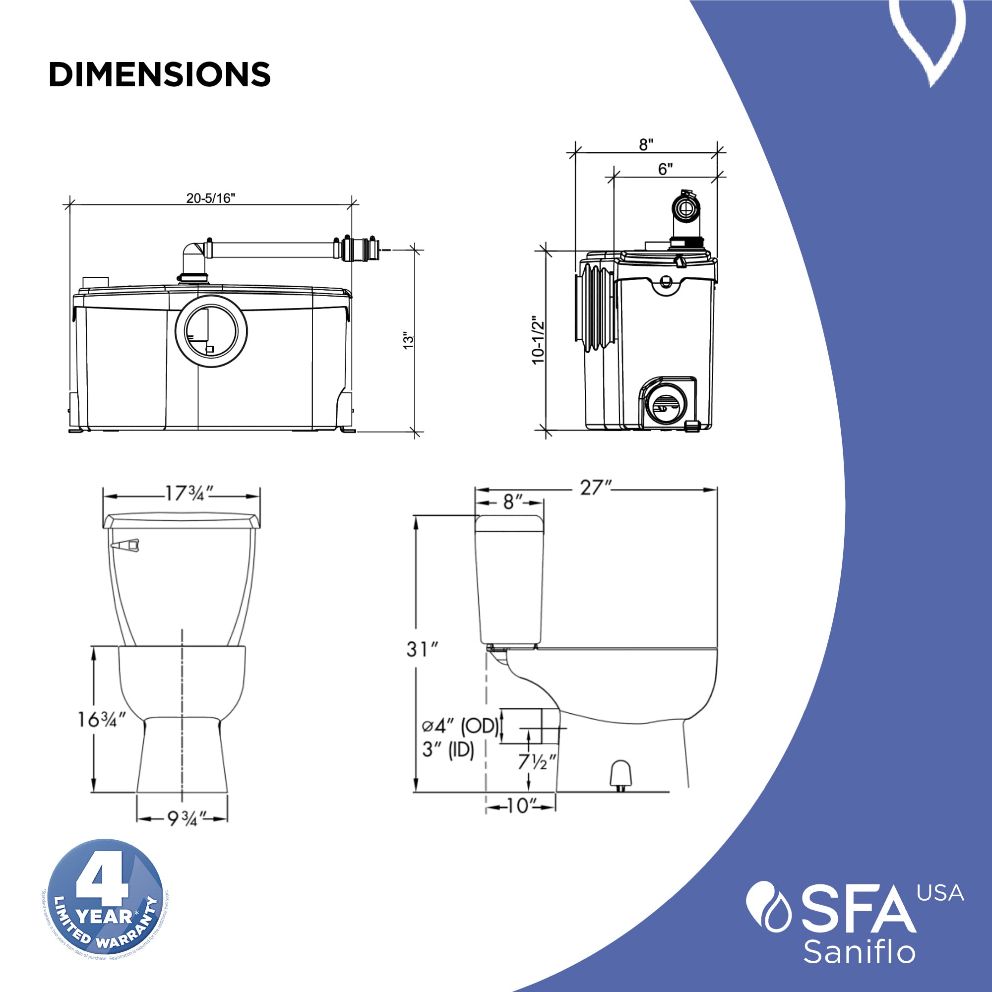 Saniflo Sanibest Pro Macerating Upflush Toilet Kit with Elongated Bowl - Perfect for Basements, Garages & Small Bathrooms | Easy Installation & Powerful Flushing