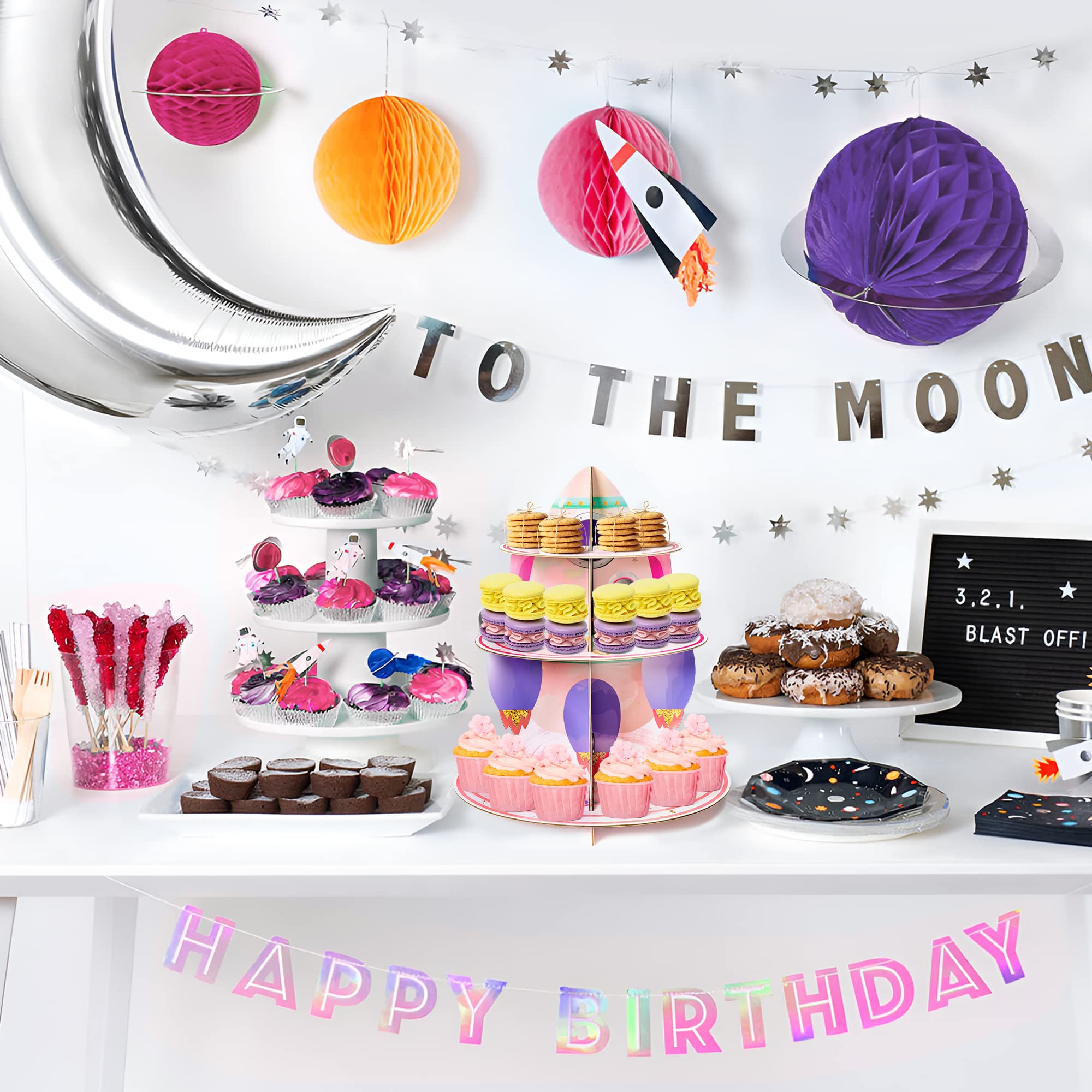 3-Tier Outer Space Cupcake Stand - Solar System Theme Cake Stand for Kids Birthday Party, Baby Shower & Space Themed Events - Durable Dessert Tower Display for Party Decorations (Perfect for Galaxy Themed Parties, Classroom Events & Cosmic Celebrations)