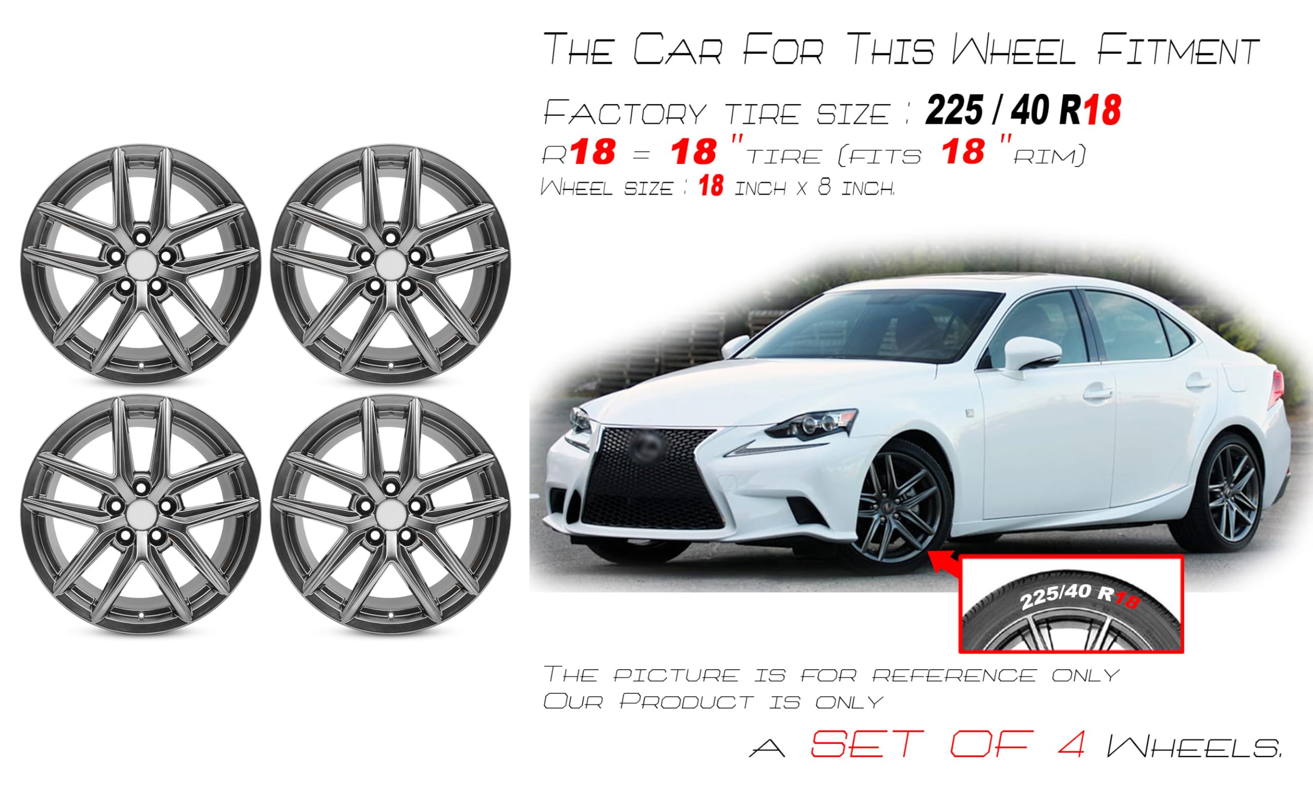 4-Pack 18x8 Inch Alloy Wheels for 2014-2020 Lexus IS250 IS350 - OEM Quality Replacement Rims (Part# 74292) - Perfect for Street Performance & Custom Car Upgrades