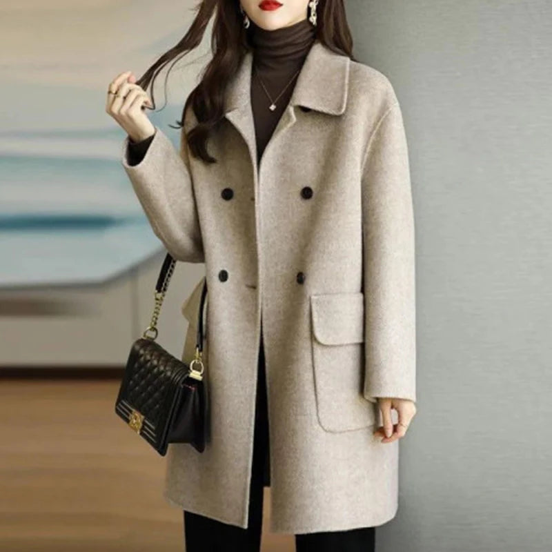 Women's Long Sleeve Wool Coat - Solid Color Notched Collar Double Breasted Long Trench Coat for Fall & Winter | Office Wear, Business Attire, Formal Occasions