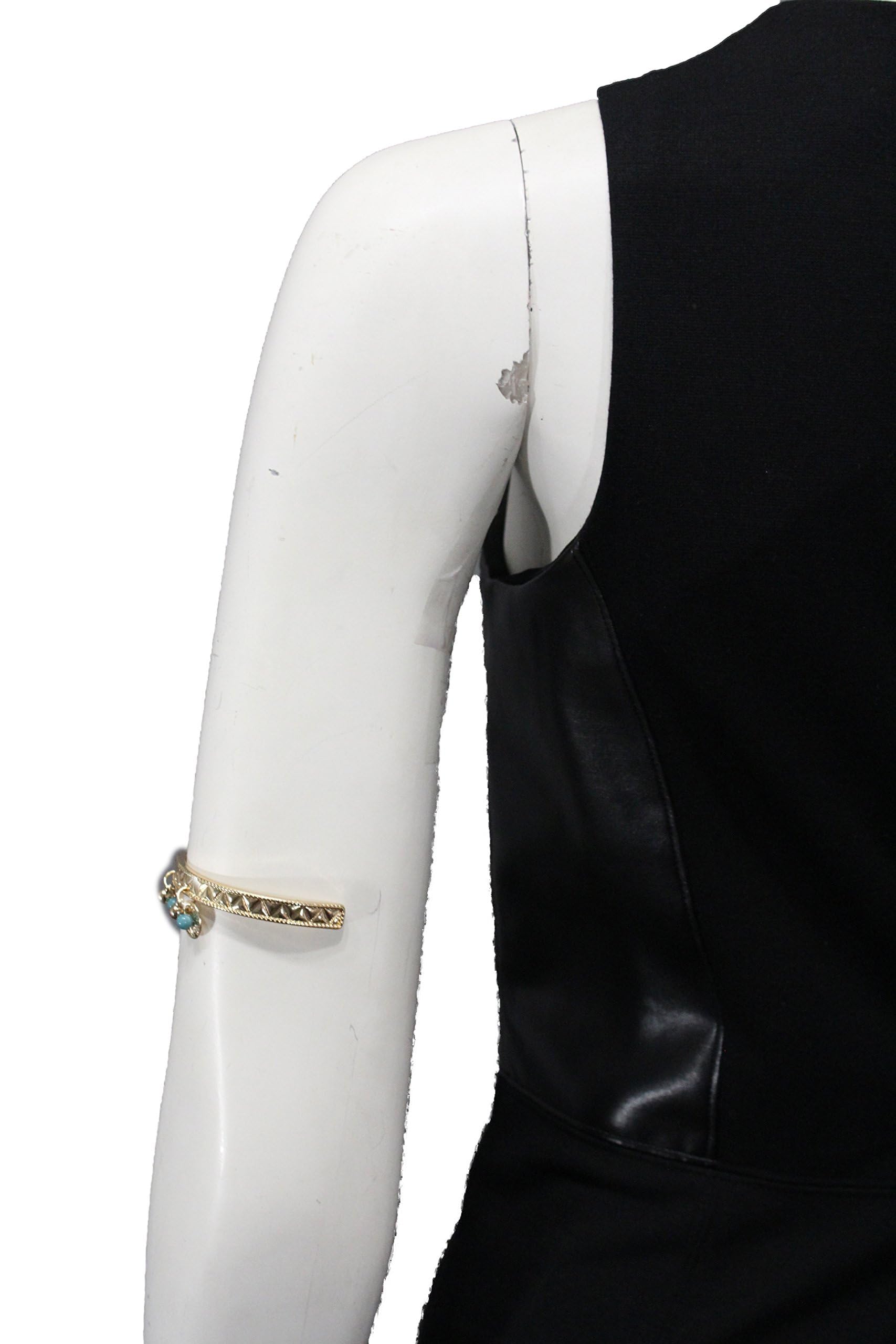 TFJ Women's Fashion Jewelry - Elegant Metal High Arm Cuff Bracelet with Gold Coins & Turquoise Beads, Wrap Around Bangle for Boho Chic Style - Perfect for Parties, Weddings and Festival Outfits