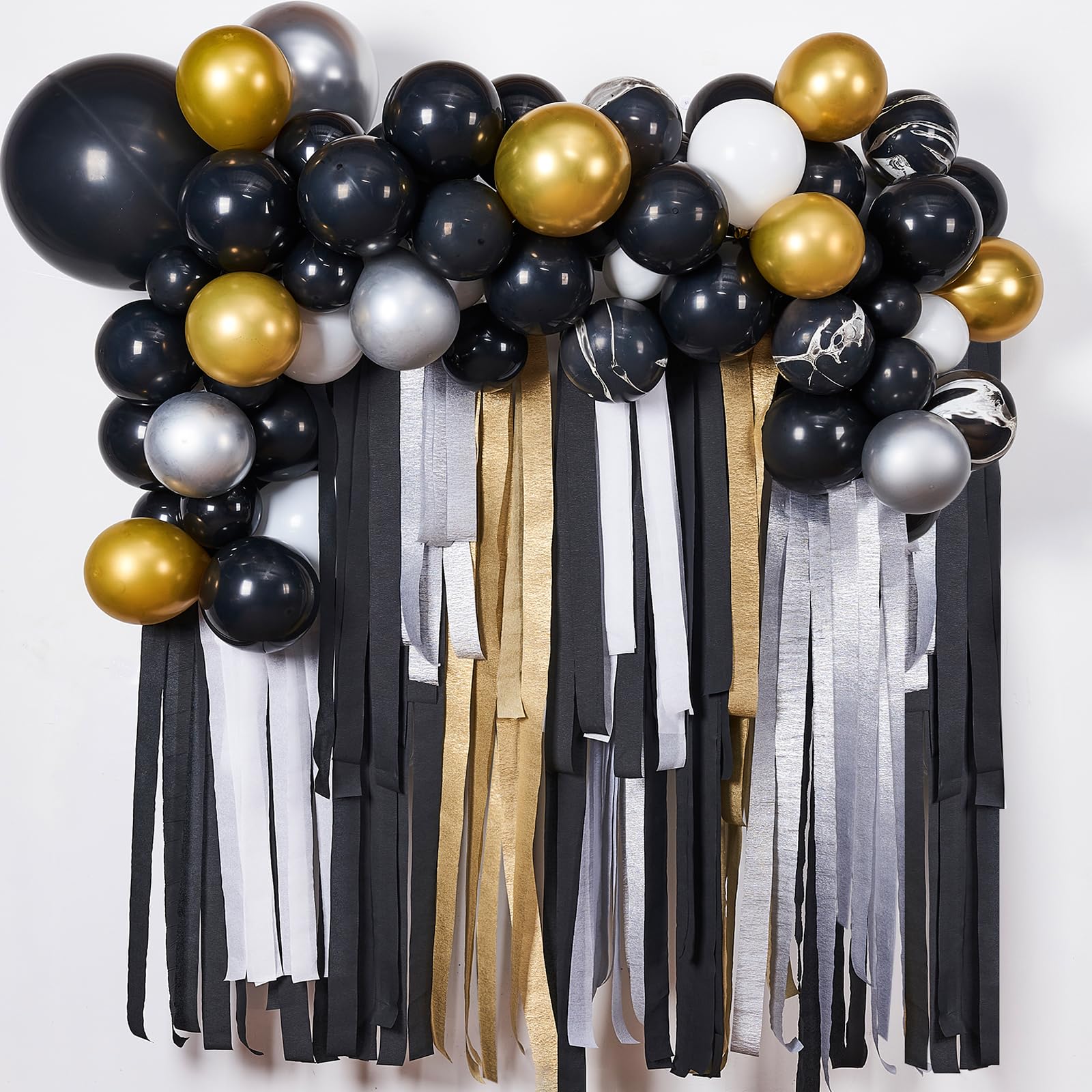 PartyWoo Crepe Paper Streamers 10 Rolls (820ft) - Black Gold Silver Decorative Streamers for Birthday Party Decorations, Wedding, Baby Shower & Holiday Events (1.8