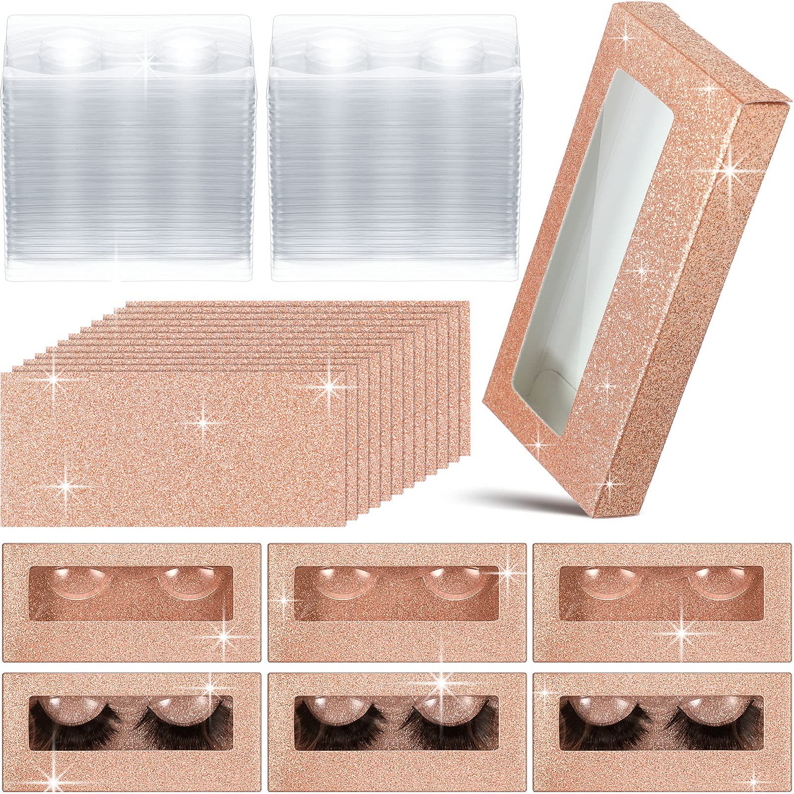 50 Pack Empty Eyelash Case Set with Storage Box Tray & Background Paper - Champagne Gold Eyelash Packaging Boxes for Professional Lash Artists & Salons - Perfect for Organizing, Storing, and Displaying False Eyelashes