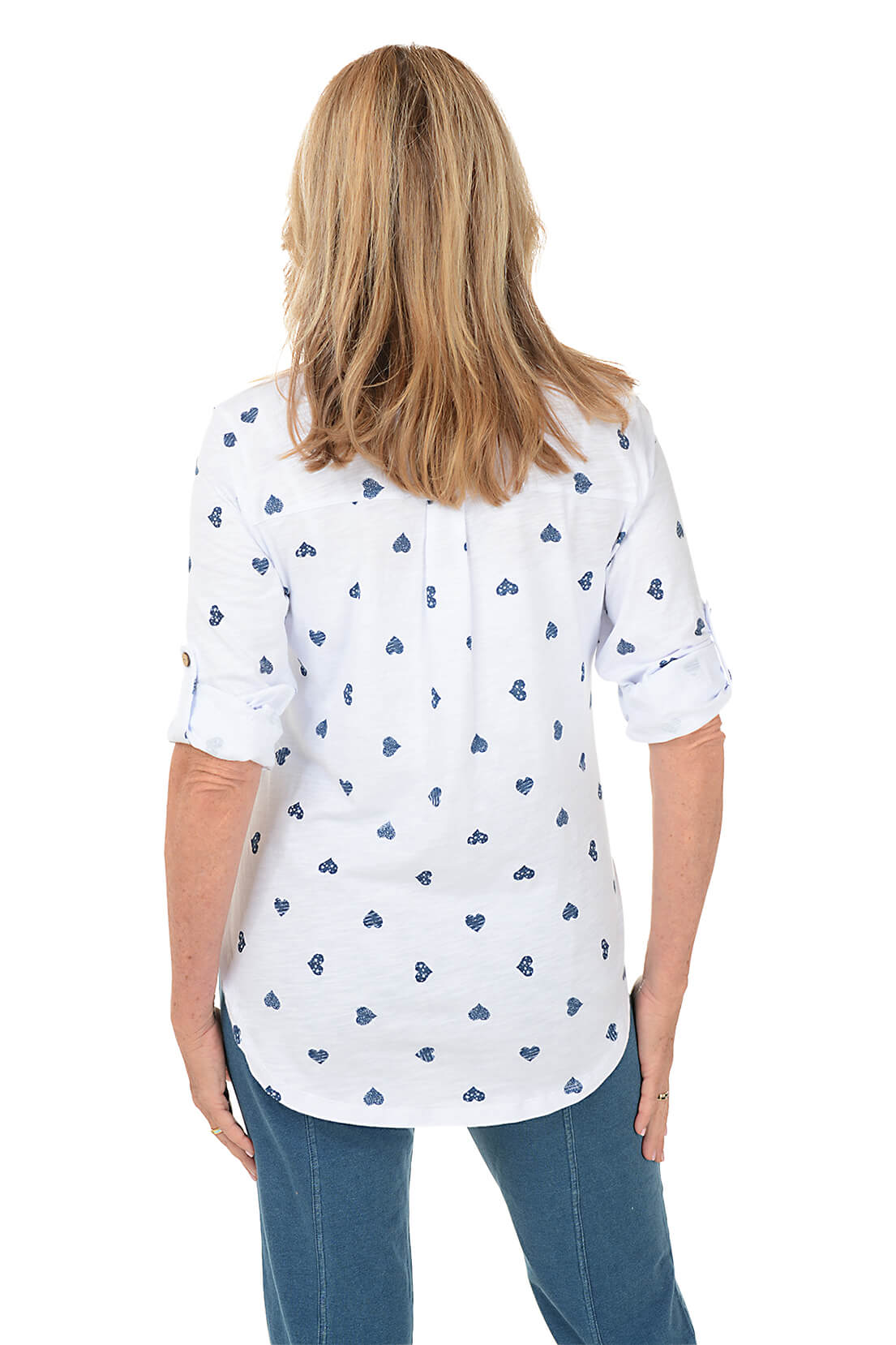 Denim Hearts High Low Button Front Top - Women's Casual Chic Blouse for Everyday Wear & Date Nights