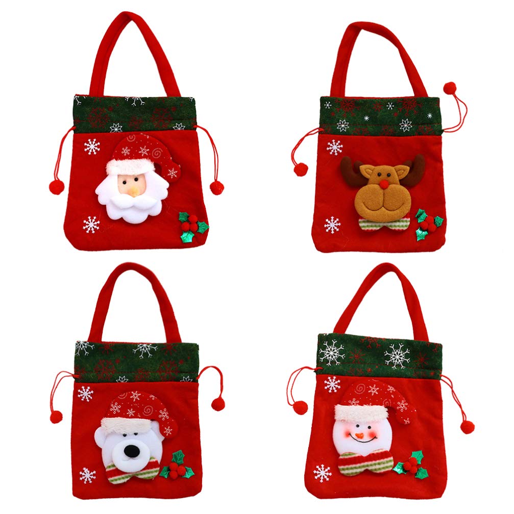 4-Piece Christmas Drawstring Gift Bags Set - Santa Reindeer Bear Snowman Holiday Treat Bags for Candy, Party Favors & Stocking Stuffers | Perfect for Christmas Parties, Classroom Gifts & Holiday Celebrations