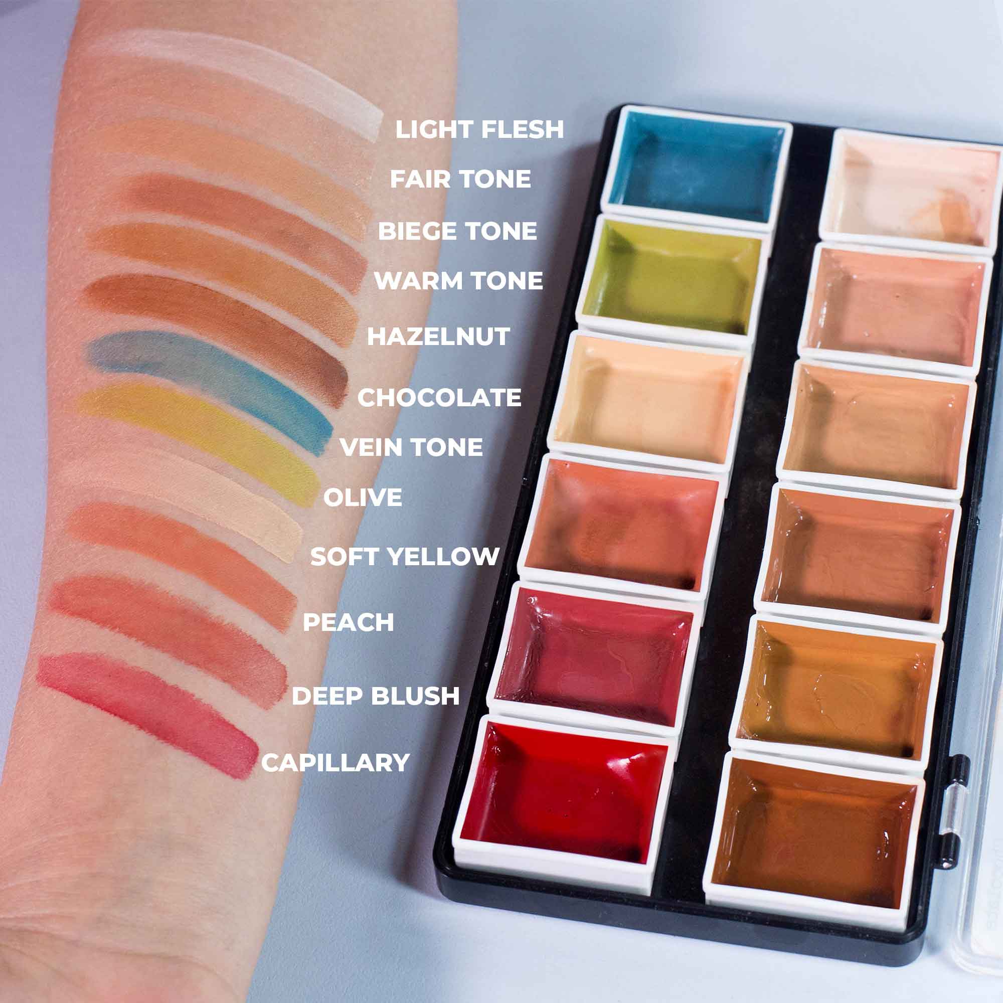 12 Color Flesh Tone Alcohol Activated Palette - Professional Makeup FX Palette for Face & Body Painting - Perfect for Halloween, Cosplay, and Special Effects Makeup Artists