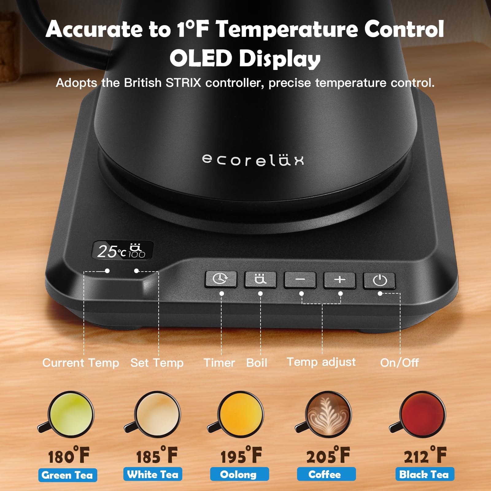 ECORELAX Gooseneck Electric Kettle with Precise ±1℉ Temperature Control - 1200W Fast Heating Stainless Steel Pour Over Kettle for Coffee, Tea & Hot Water - 1L Capacity with Keep Warm Function & OLED Display (Black) - Perfect for Home, Office & Specialty Brewing