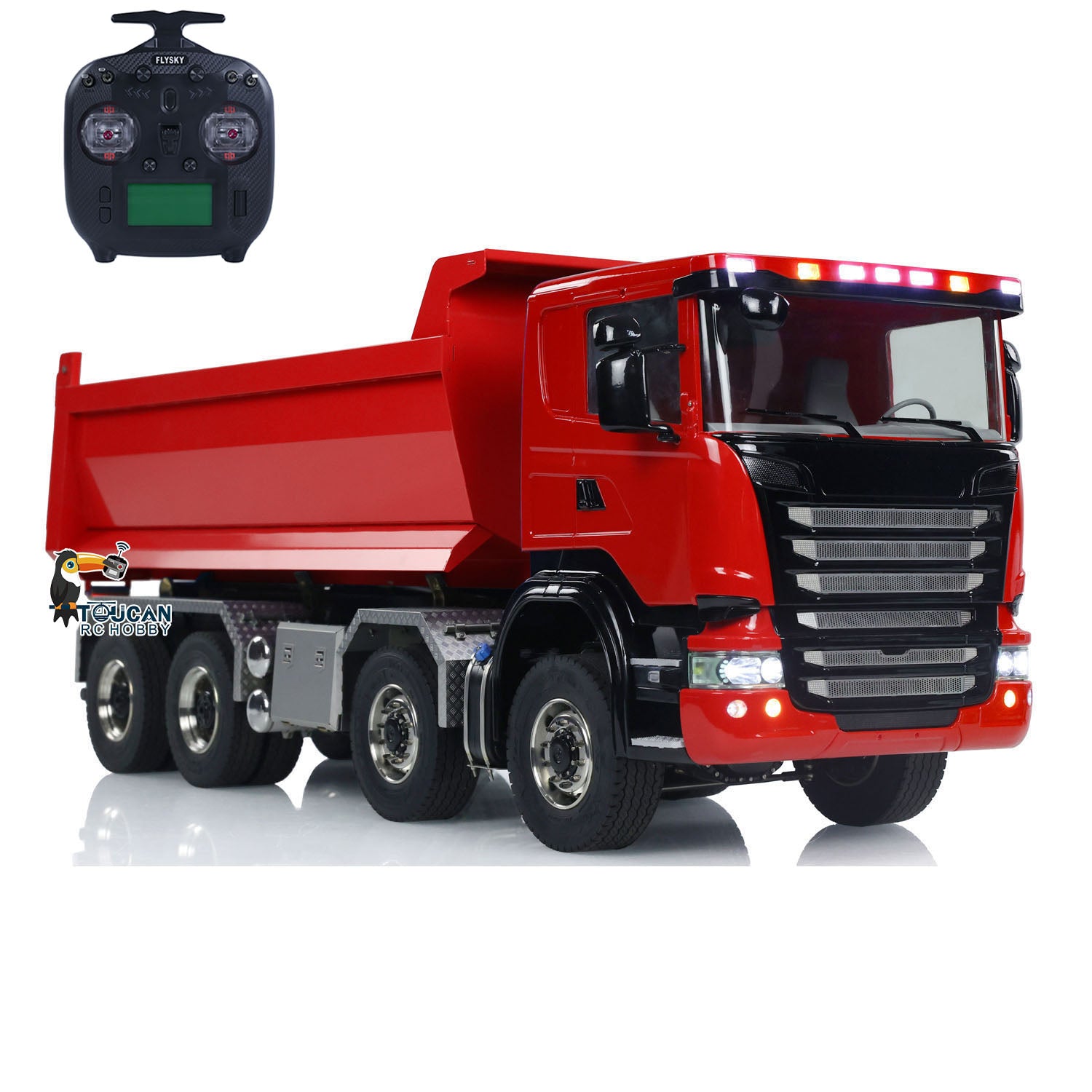 1/14 Scale 8x8 RC Hydraulic Dump Truck - Radio Controlled Roll Off Dumper with U-Shaped High Bucket & Timber Flatbed | Construction Site, Farm & Off-Road Play for Adults & Kids