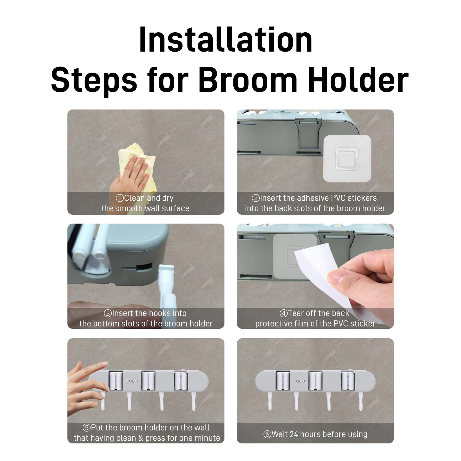 Heavy Duty Broom Holder with 3 Slots & 4 Hooks - Wall Mounted Garden Tool Organizer for Home, Laundry Room, Kitchen, Closet, Shed & Garage Storage - Space Saving Grey Broom Hanger for Mops, Rakes & Cleaning Supplies