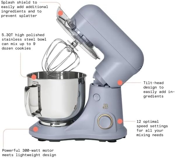 Drew Barrymore 5.3 Qt Stand Mixer - Lightweight Tilt-Head Electric Mixer with 300W Motor & 12 Speed Settings - Perfect for Baking Cakes, Cookies & Bread Dough (Cornflower Blue)