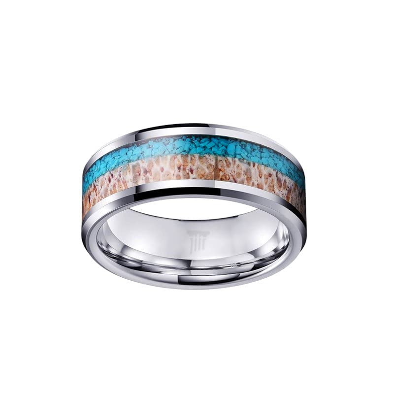 Men's Silver Turquoise Antler Wedding Band - 8mm Rustic Tungsten Ring with Beveled Edges - Unique Anniversary Gift for Him - Perfect for Outdoor Enthusiasts & Nature Lovers
