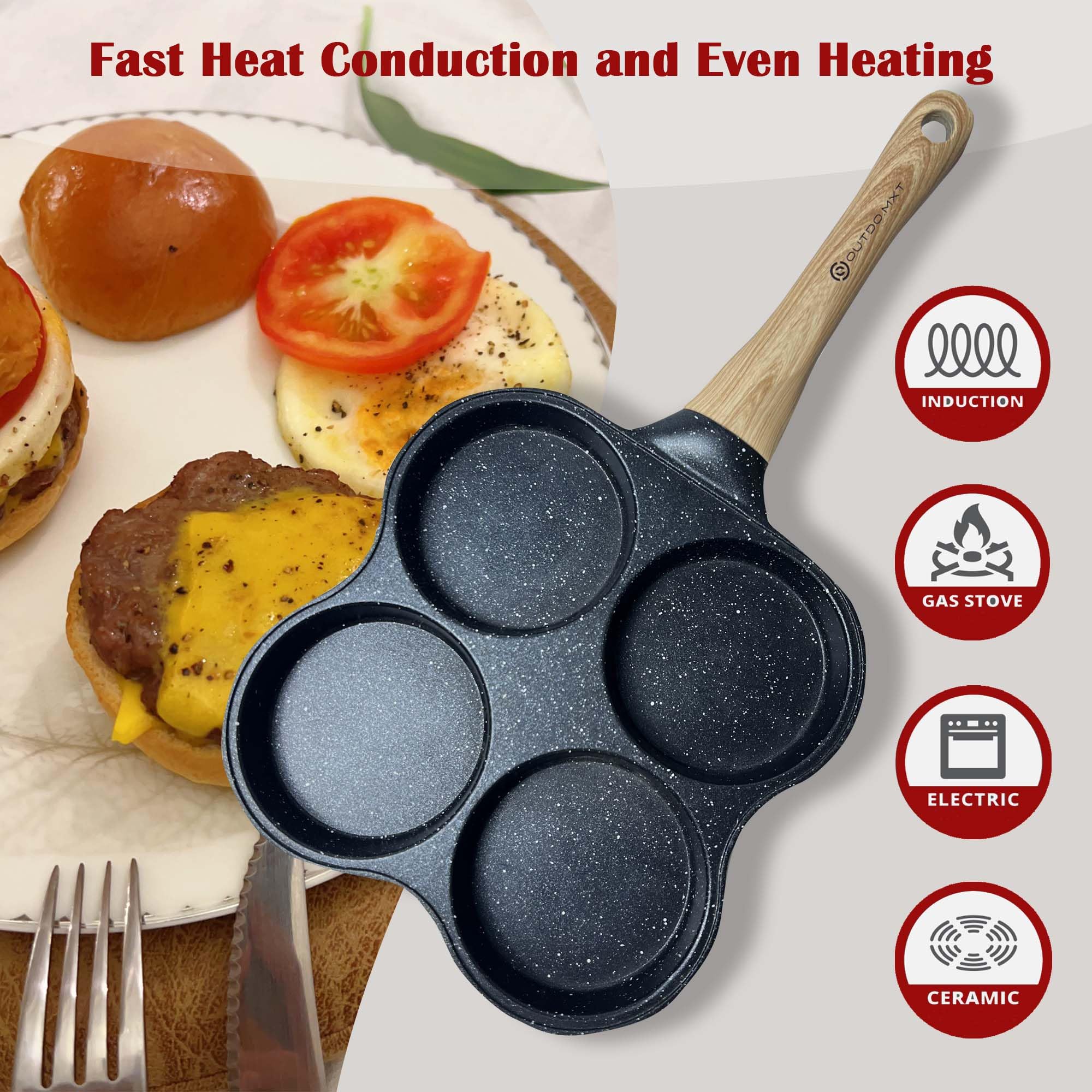 Nonstick 4-Cup Egg Pan - Omelette & Pancake Cooker for Breakfast, Swedish Pancakes, Hamburgers - Compatible with Gas Stove & Induction Cooktop - Perfect for Home Kitchen, Camping & RV Cooking