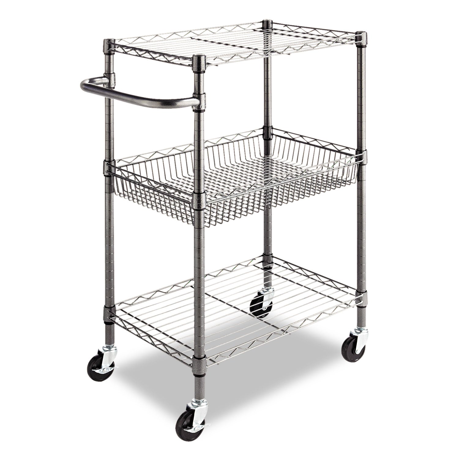Alera® 3-Tier Heavy Duty Wire Utility Cart with Storage Basket - 500 lb Capacity Metal Rolling Cart, 28