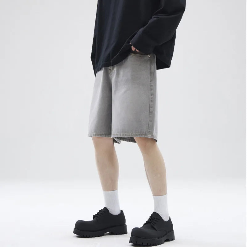 2025 Trendy American Fashion Men's Denim Shorts - Solid Color Summer Loose Straight Leg 5/4 Length Casual Pants (Style 9W1348) | Perfect for Beach Outings, Streetwear & Summer Vacations