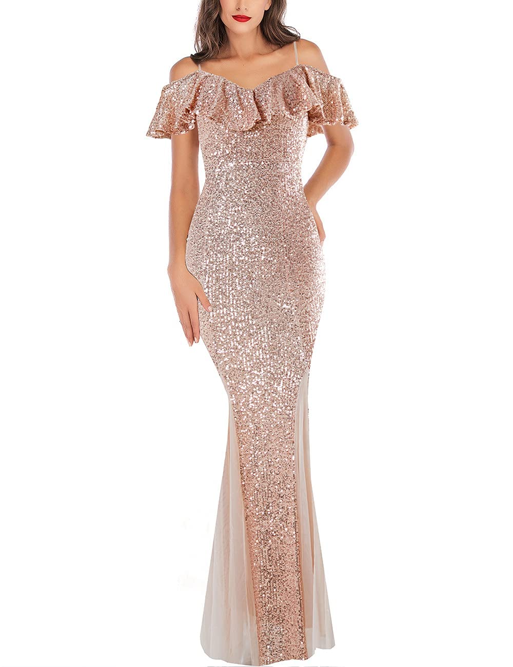 ARFAR Women's Sequin Tulle Evening Party Dress - Spaghetti Strap Ruffle Maxi Gown for Prom, Formal Events & Special Occasions | Elegant Long Dress for Weddings, Galas & Night Out