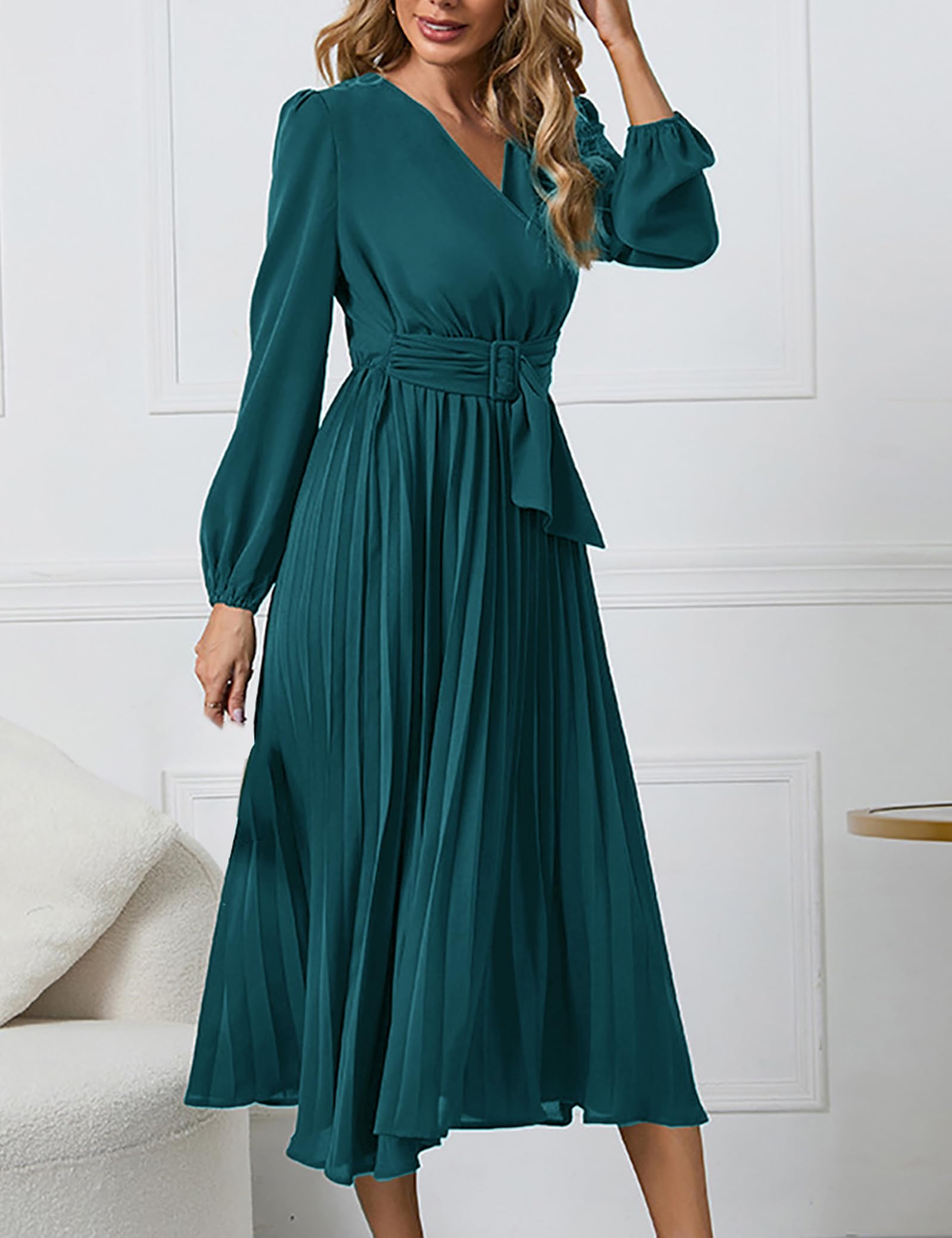 SDEER Women's Casual Midi Dress - V Neck Long Sleeve Pleated High Waist Flowy Dress for Wedding Guest, Party, Office & Daily Wear | Elegant & Comfortable Outfit for Special Occasions