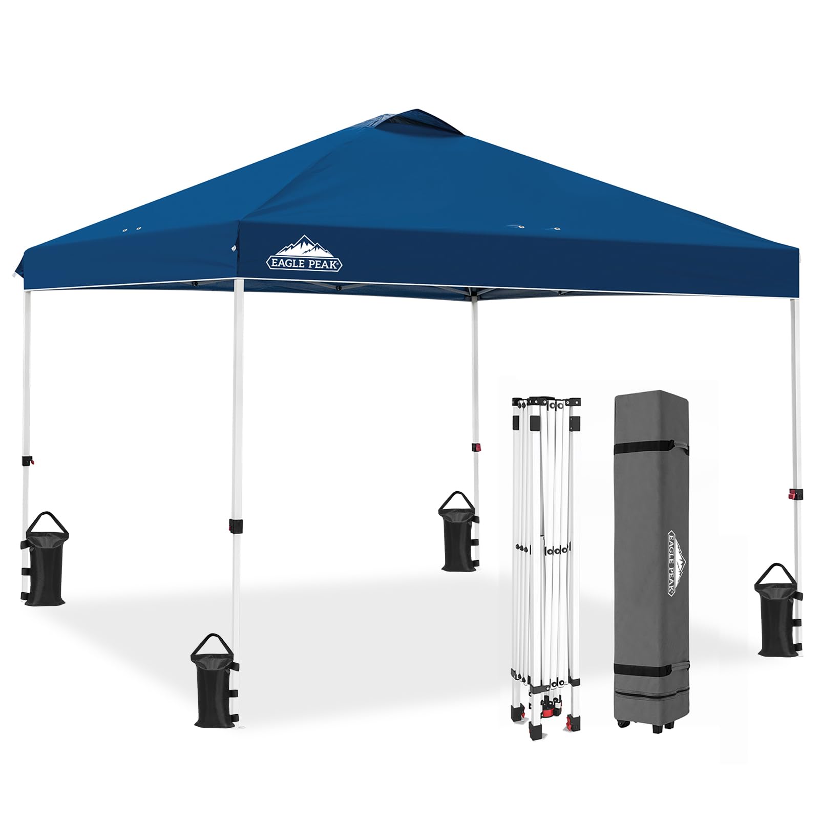 EAGLE PEAK 10x10 ft Pop Up Canopy Tent with Wheeled Carry Bag - Includes 8 Stakes, 4 Ropes & 4 Weight Bags - Easy Setup Instant Shade Shelter for Outdoor Events, Beach, Camping & Backyard (100 sq ft, Dark Blue)