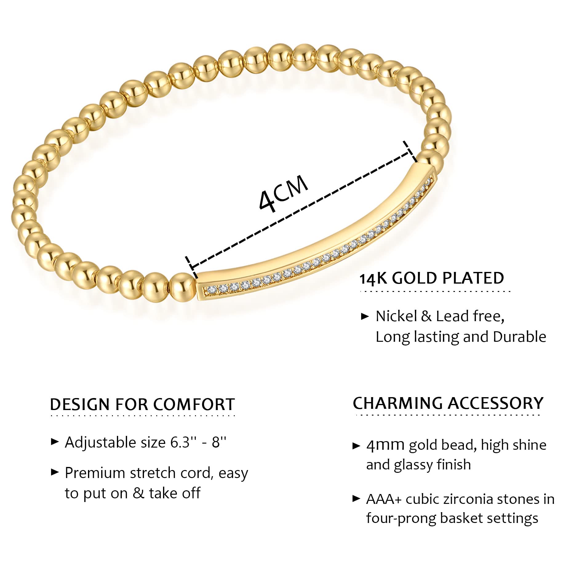 NUZON 4mm Gold Beaded Chain Bracelet for Women - 18K Gold Plated Cubic Zirconia Curved Bar Bracelet with Stretch/Lobster Clasp Options - Elegant Jewelry for Everyday Wear, Parties & Gifts