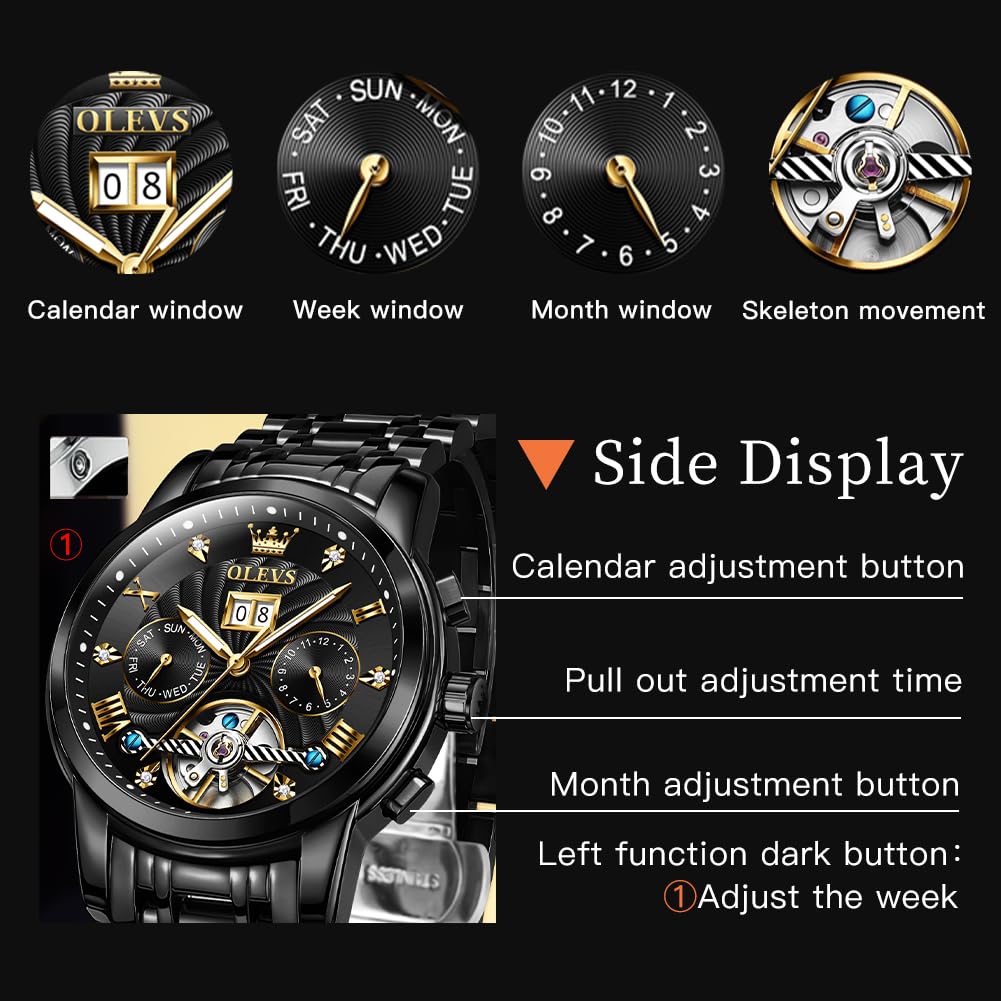 OLEVS Men's Automatic Self-Winding Skeleton Tourbillon Watch with Diamond Accents - Luxury Mechanical Business Dress Watch for Men - Waterproof & Luminous - Perfect for Formal Events, Office Wear & Special Occasions