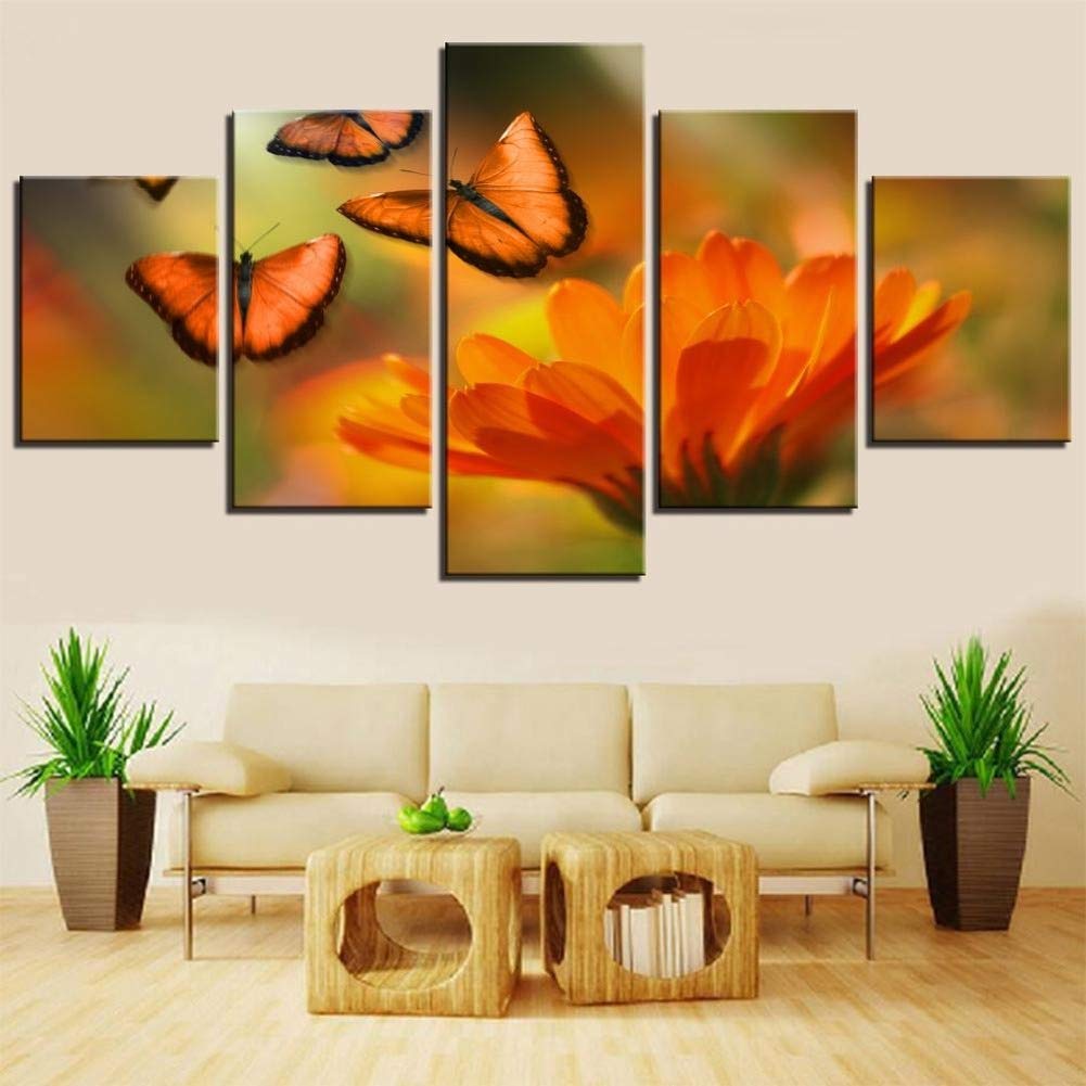 SIJIFACAI 5-Piece Orange Flower & Butterfly Canvas Oil Painting Set - Nature Inspired Wall Art for Living Room, Bedroom & Office Decor | Perfect for Home, Apartment & Workspace Aesthetics