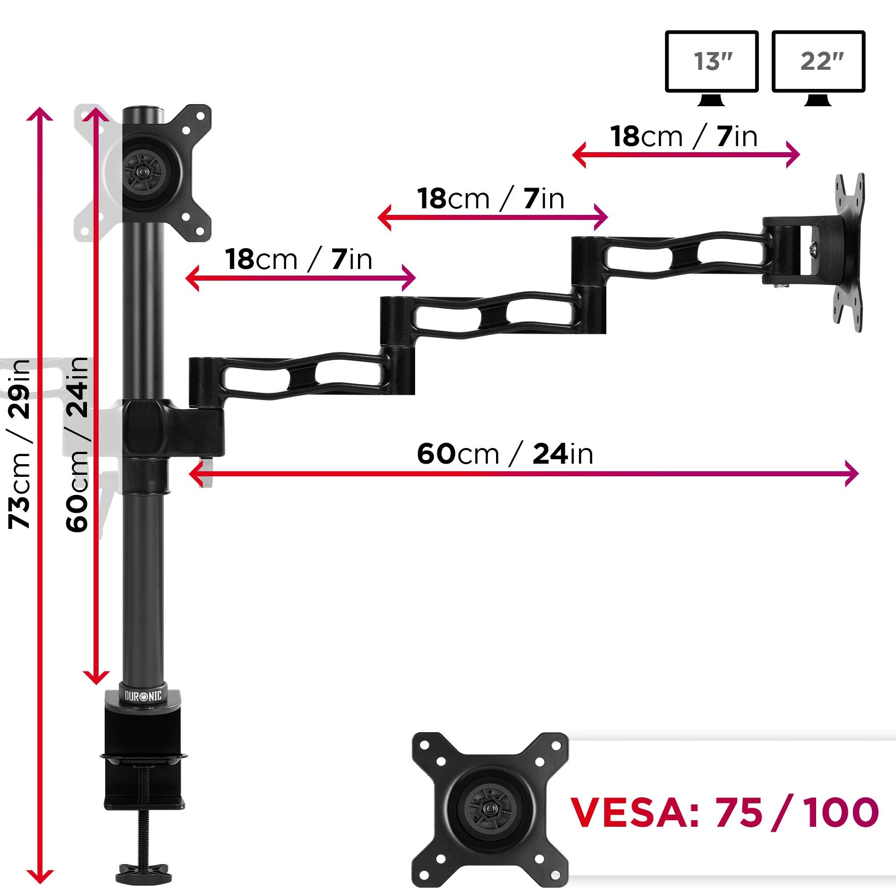 Duronic DM353 Triple Monitor Arm Stand - Adjustable VESA 75/100 Mount for 13-22