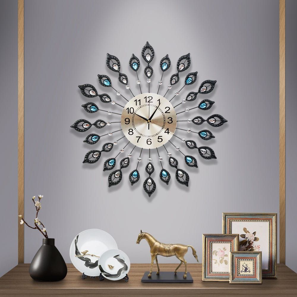 Artiss 60CM Peacock Wall Clock - Large 3D Modern Crystal Luxury Round Wall Clock for Home Decor (Black) - Perfect for Living Room, Bedroom & Office Decor