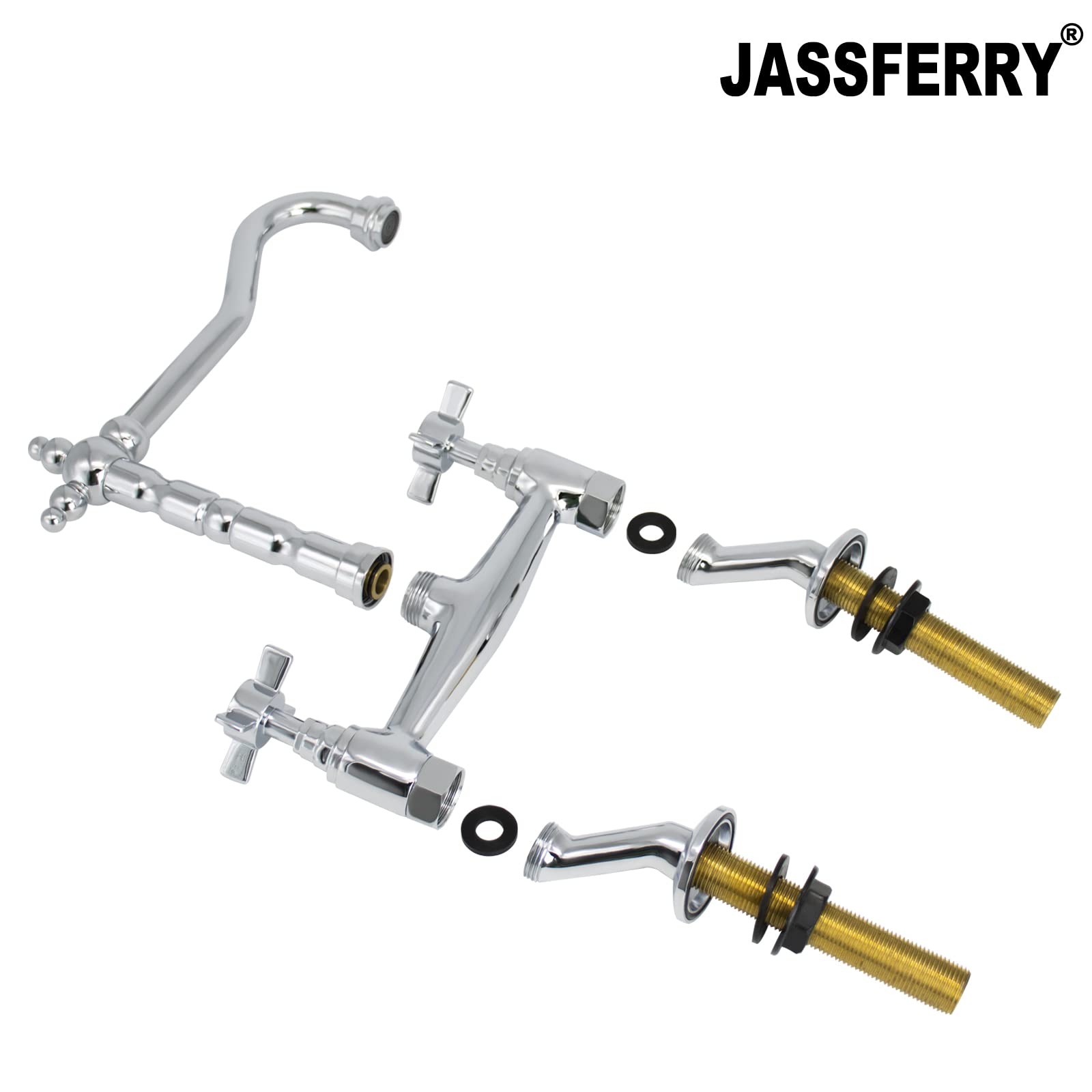 JASSFERRY Classic Deck Mixer Chrome Cross Handles Deck Mounted Monobloc Traditional 2-Hole Kitchen Sink Faucet with Swivel Spout - Perfect for Modern Farmhouse, RV & Apartment Kitchen Renovations