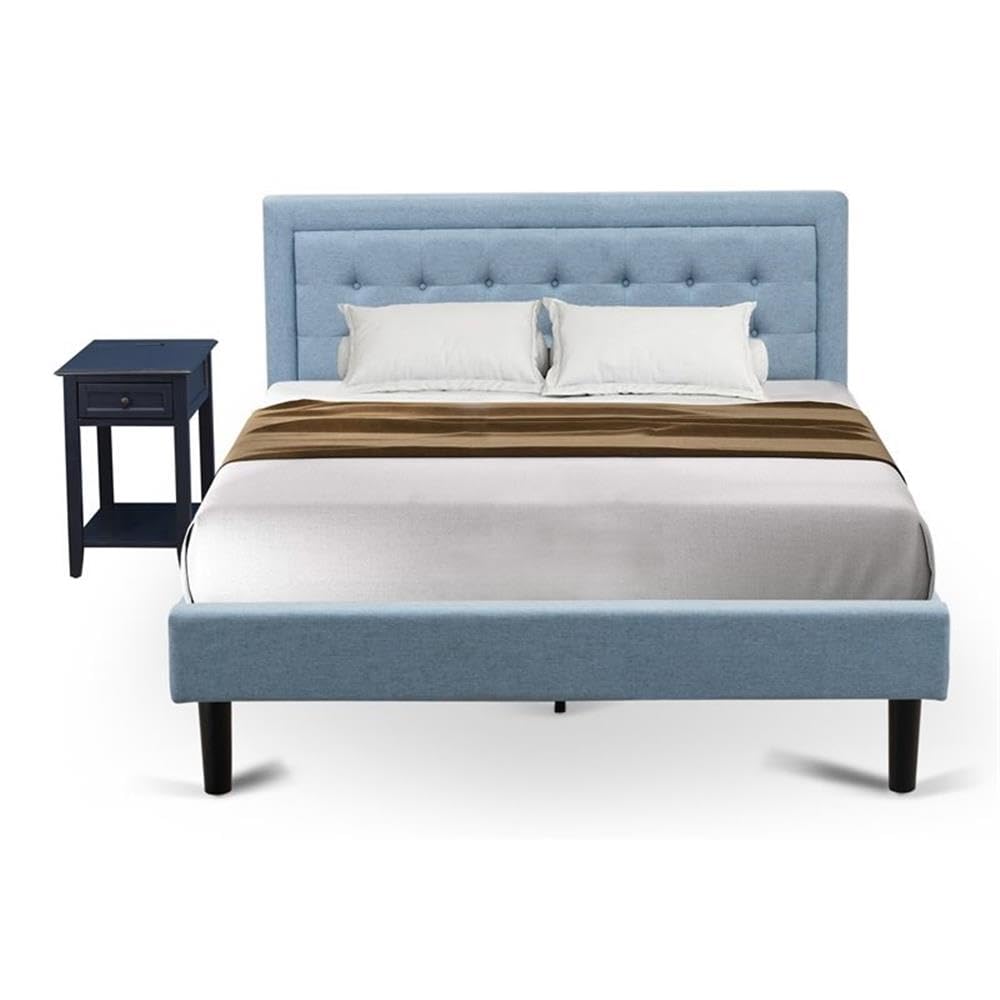 East West Furniture FN11Q-1DE15 2-Piece Queen Bedroom Set - Wood Bed Frame & Nightstand, Denim Blue Linen Fabric | Modern Bedroom Decor for Master Bedroom, Guest Room & Small Spaces