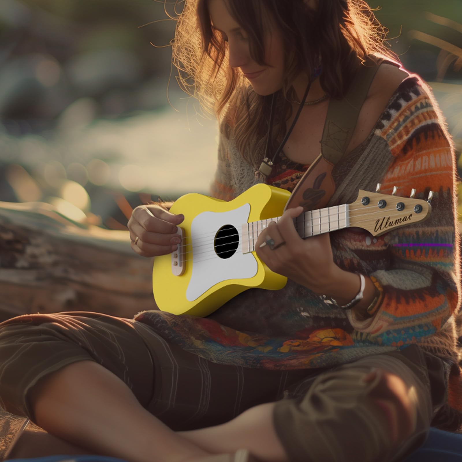 21.5 Inch Soprano Ukulele Beginner Kit with Gig Bag, Digital Tuner & Accessories - Spruce Wood with White Pickguard, Yellow Finish (P005WYE) - Perfect for Beginners, Travel, Beach Performances & Music Lessons
