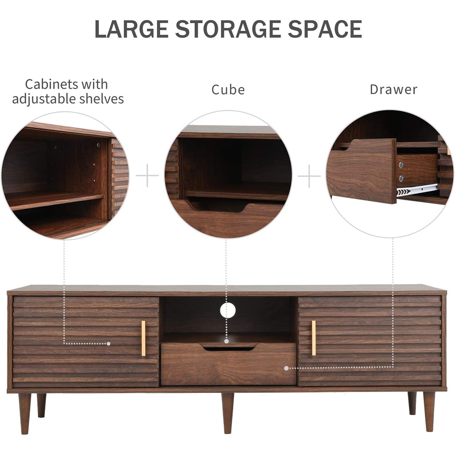 Mid-Century Modern TV Stand for 60-Inch TV - Brown Wooden Media Console with Storage Cabinet - Perfect for Living Room Home Entertainment & Stylish Décor
